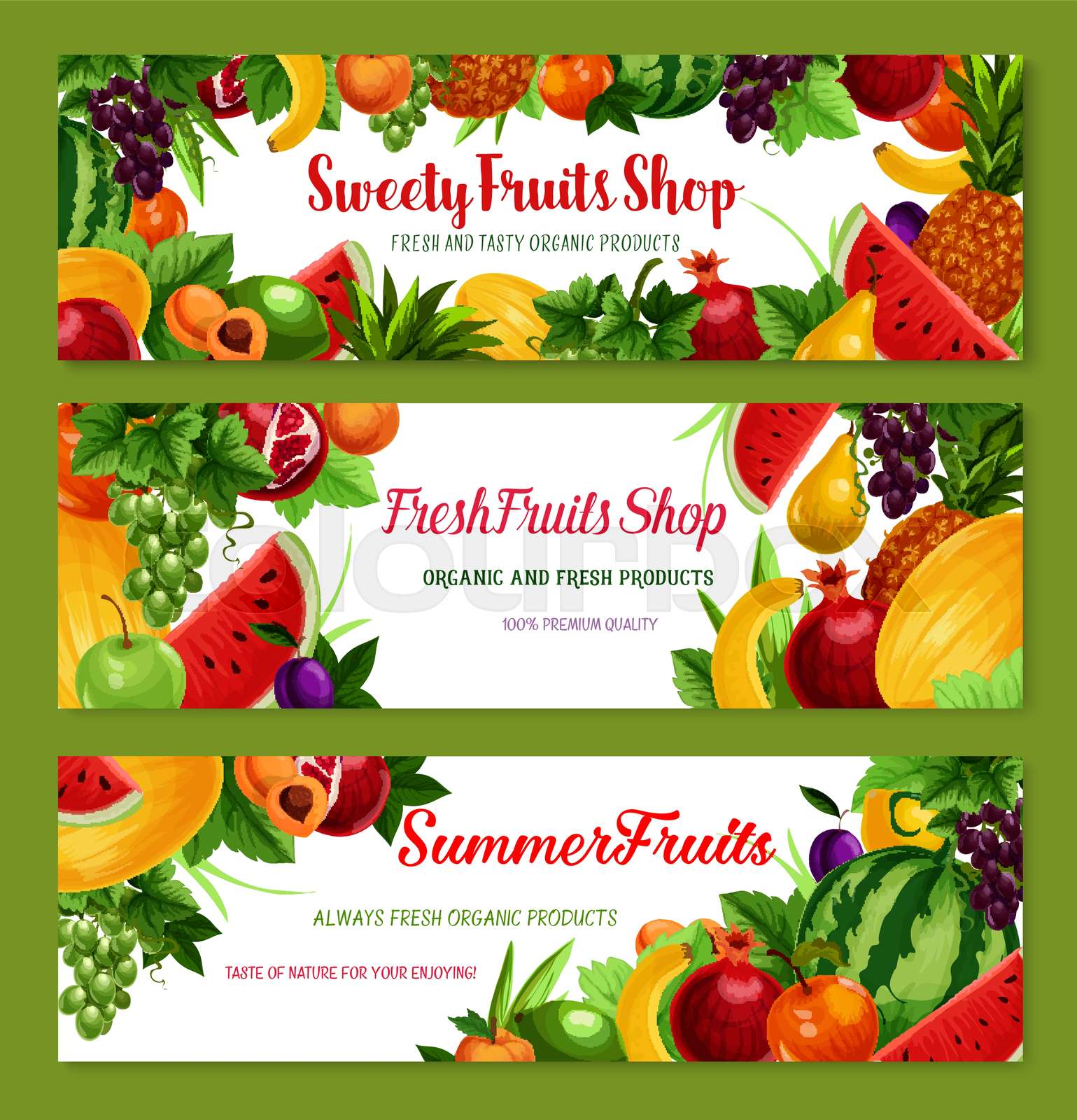 Vector fruit shop banners of fresh natural fruits Stock vector Colourbox