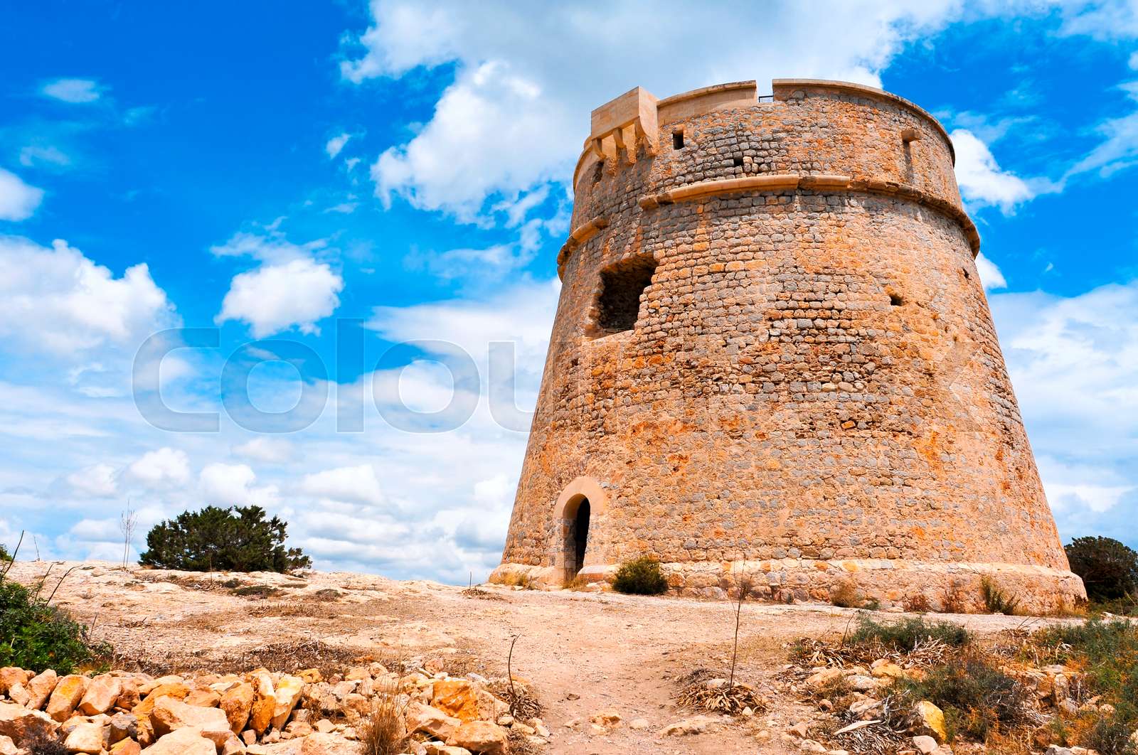 Torre de Sa Sal Rossa tower in Town, Spain Stock image Colourbox