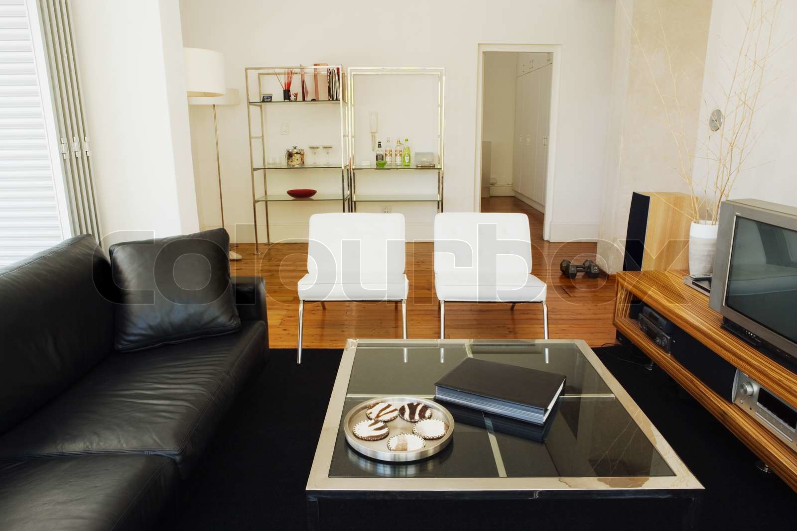 Modern living room with leather sofa and television | Stock image