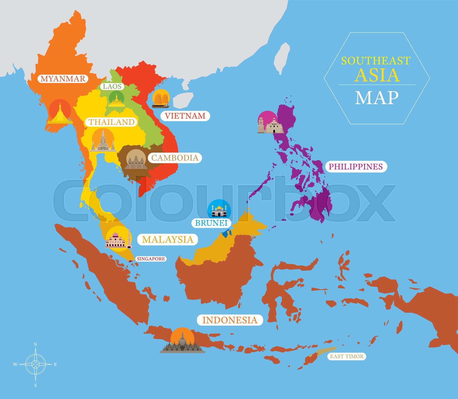 Southeast Asia Map with Country Icons and Location | Stock vector