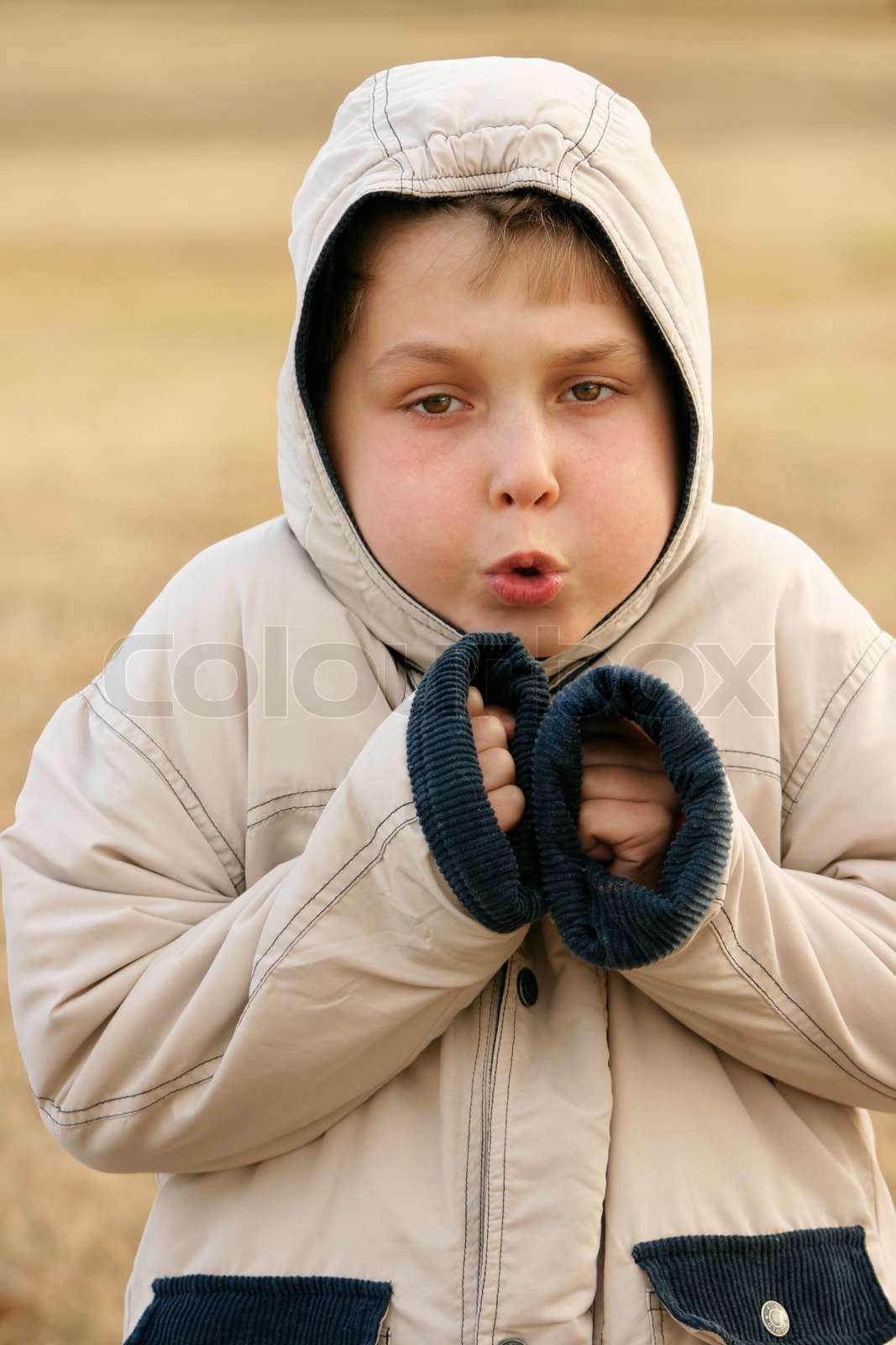 A Young Boy In A Field Shivers In The Cold Stock Image Colourbox