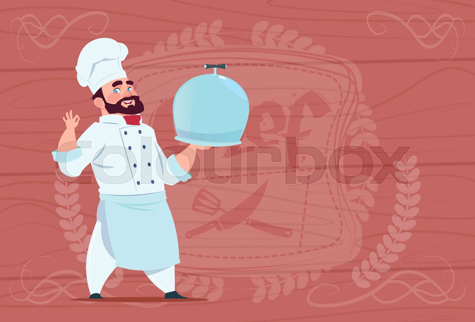Chef Cook Holding Tray With Dish Smiling Cartoon In White Restaurant