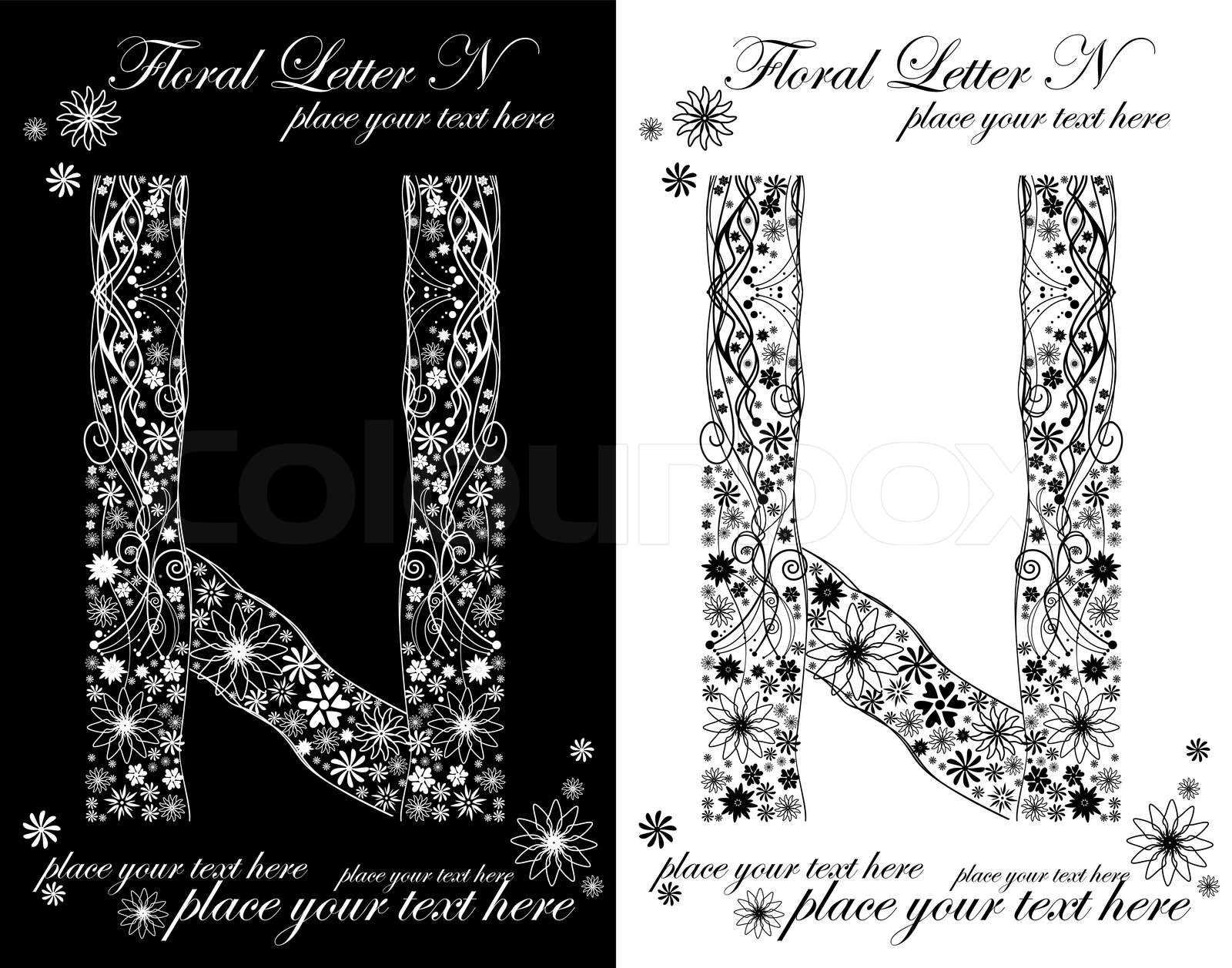two black and white letters of vintage floral alphabet, N | Stock