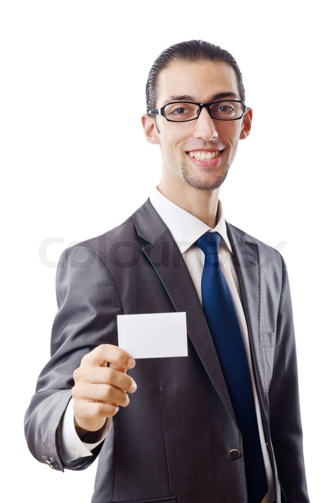 Businessman holding blank message stock image colourbox