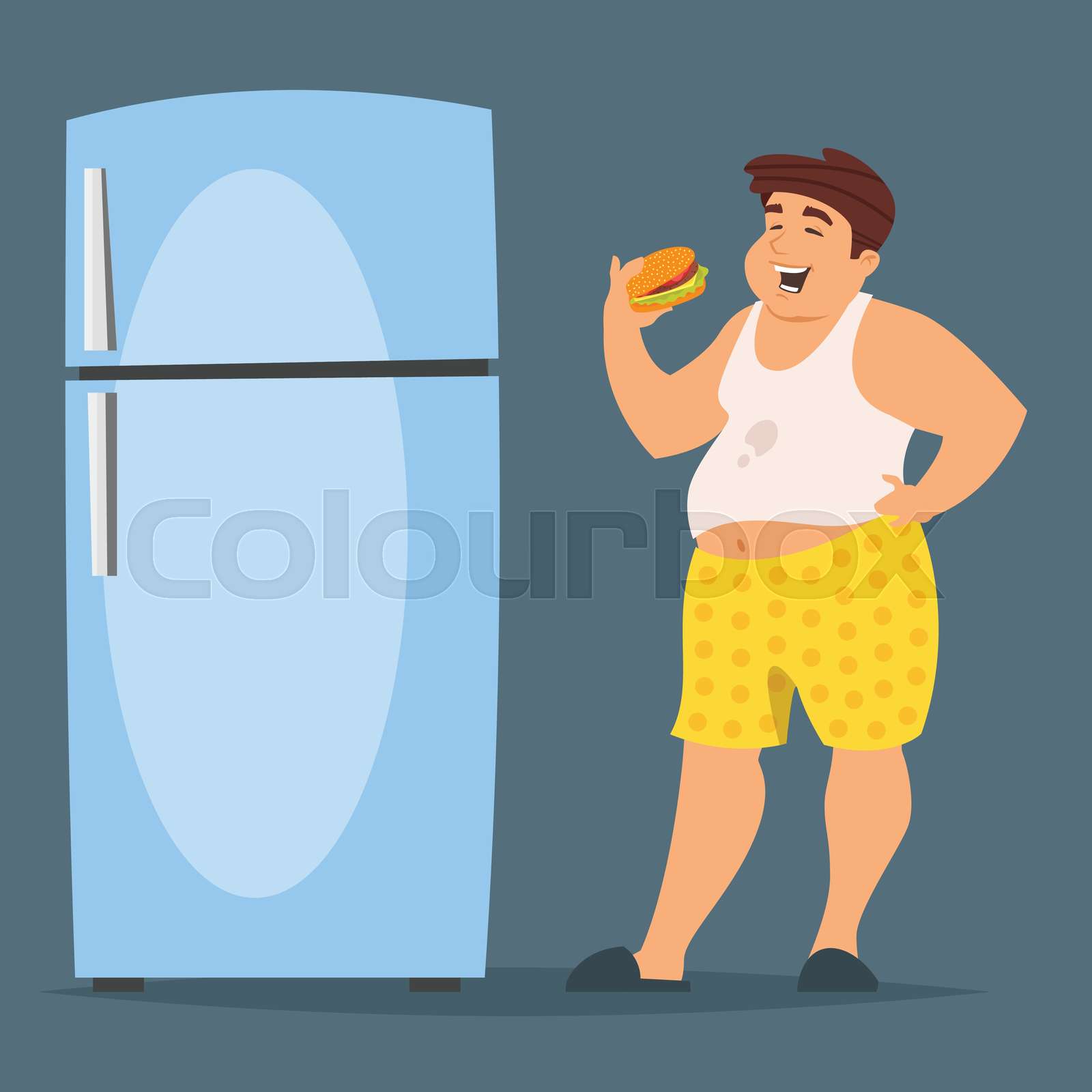 happy fat man character eating hamburger | Stock vector | Colourbox