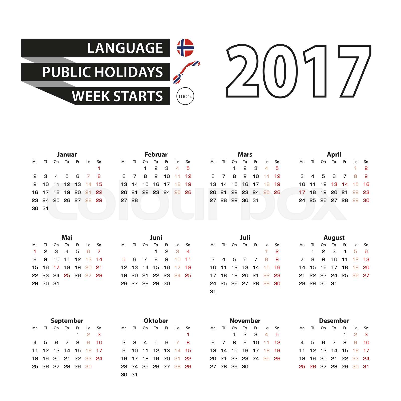 Calendar 2017 on Norwegian language. With Public Holidays for Norway in