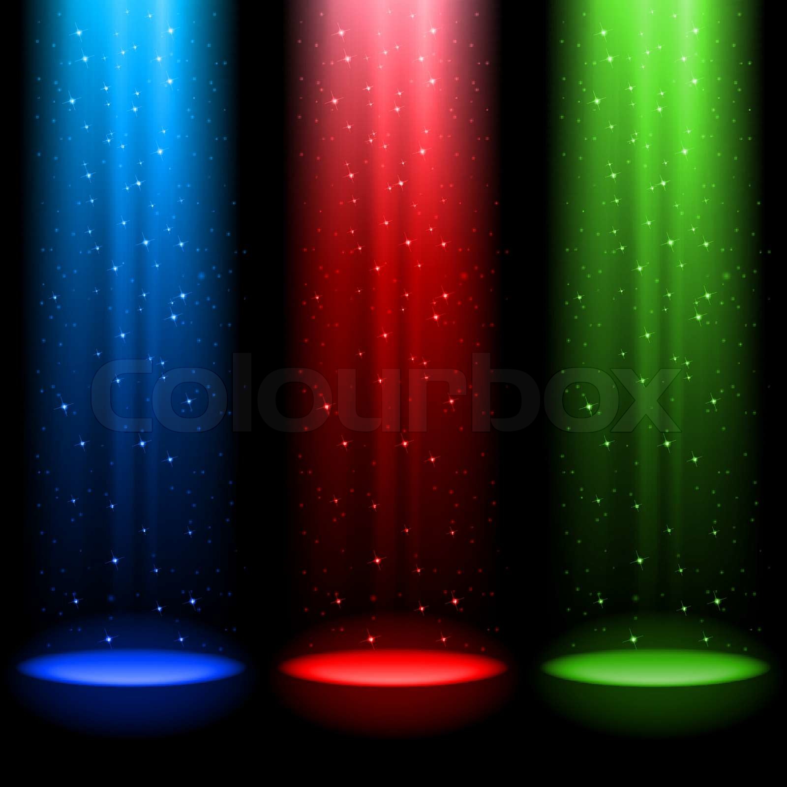 Three RGB shafts of light shines a spotlight into the black Stock