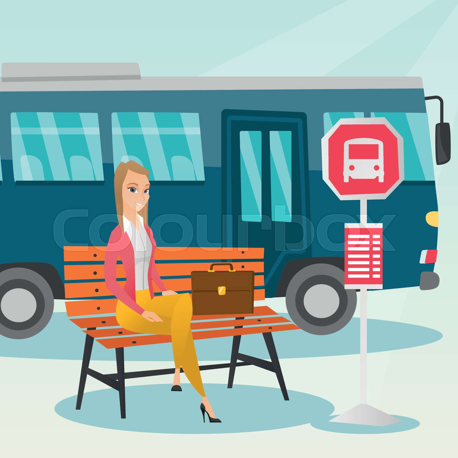 Caucasian woman waiting for a bus at the bus stop. | Stock vector ...