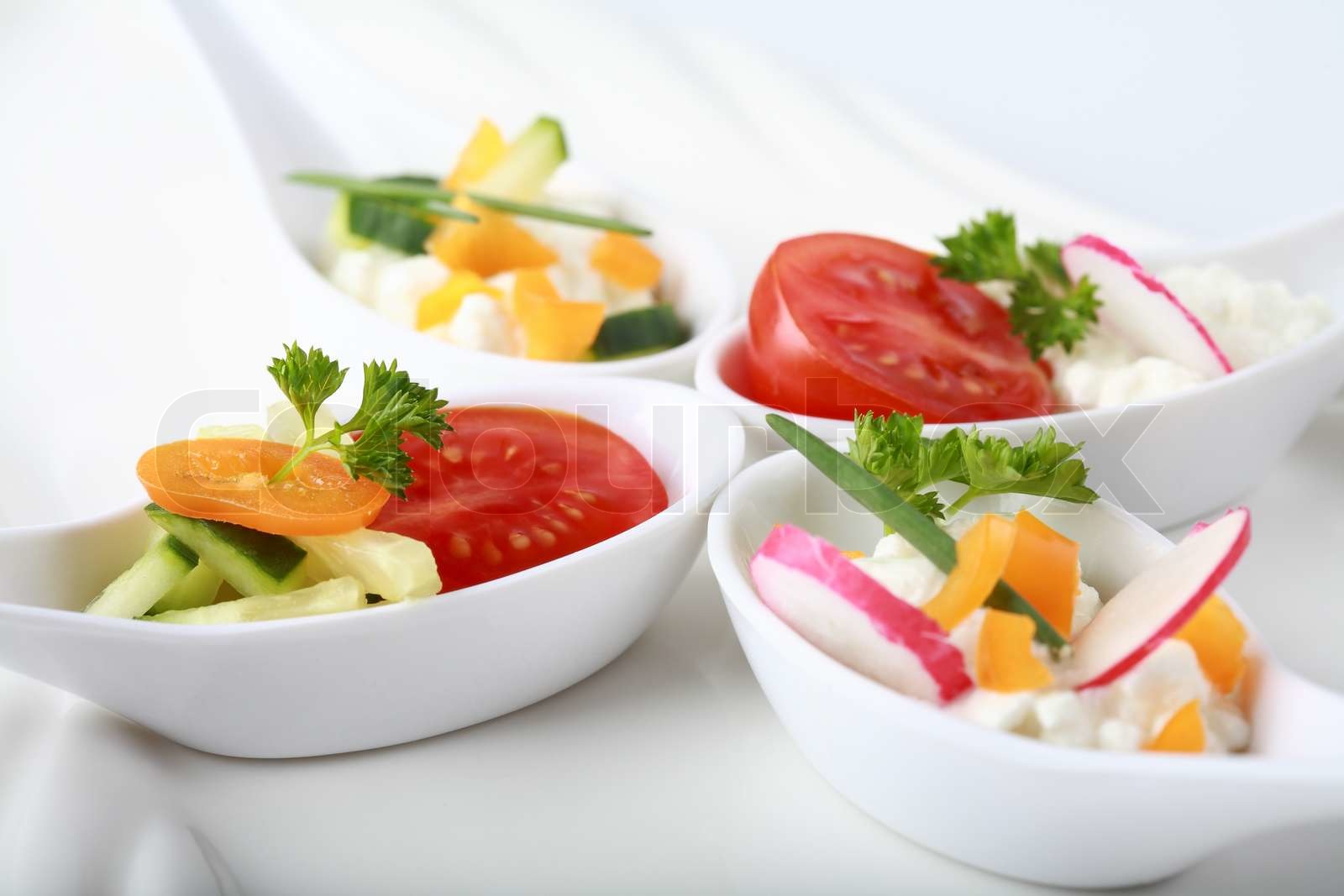 Food In Spoon Fingerfood served in small spoons | Stock image | Colourbox