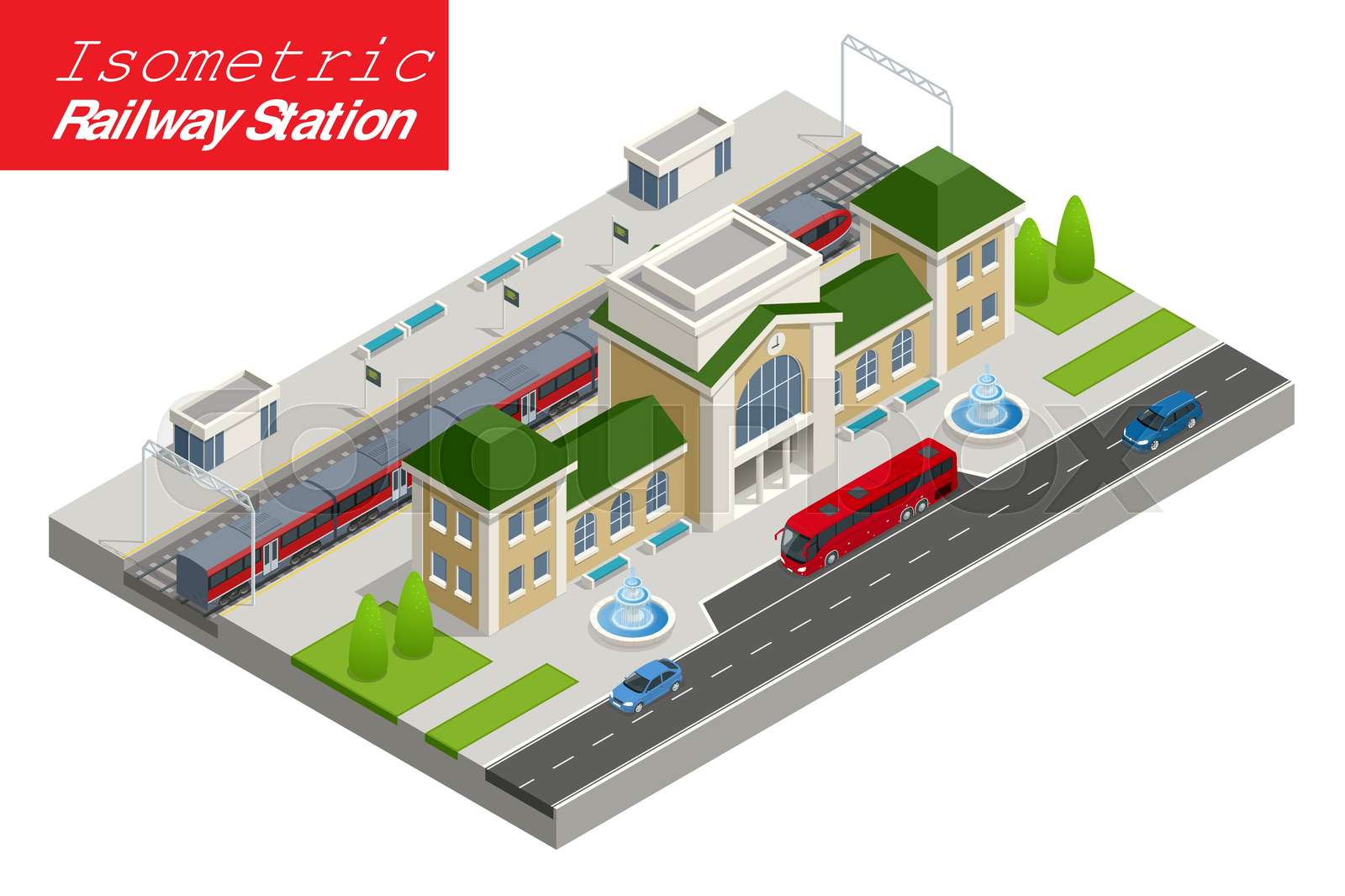 isometric Train Station building with passenger trains, platform ...