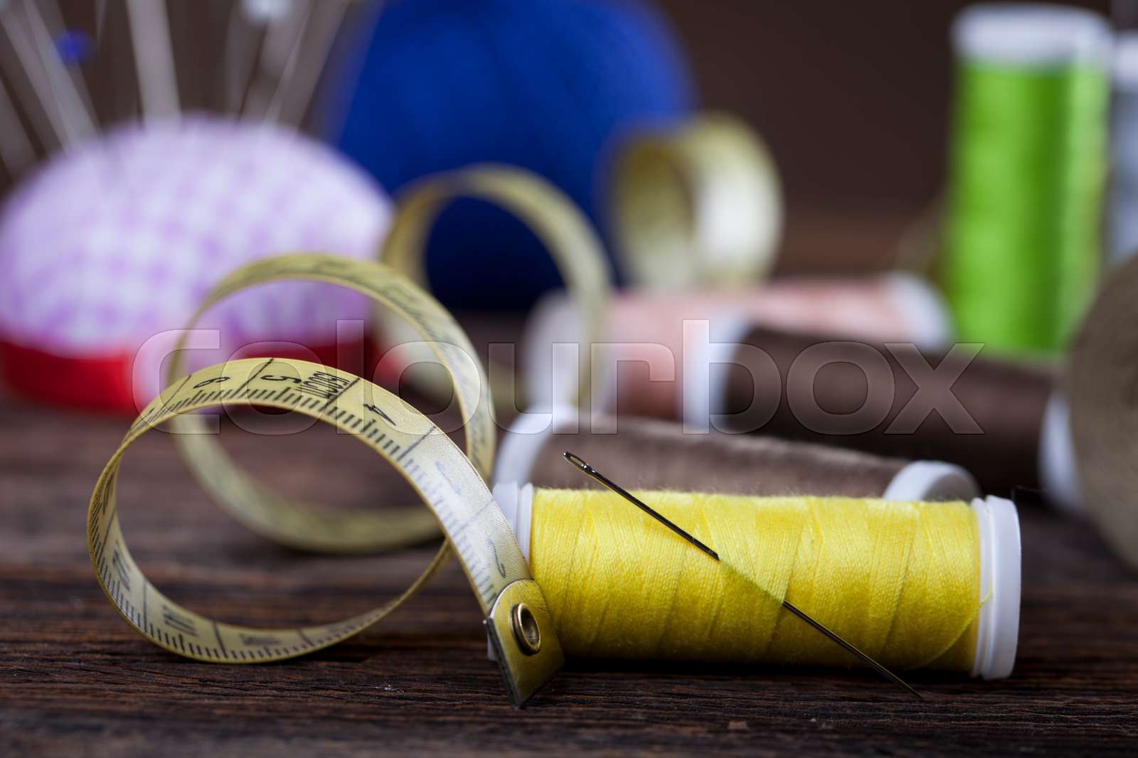 Sewing instruments, threads, needles, bobbins and materials. | Stock ...