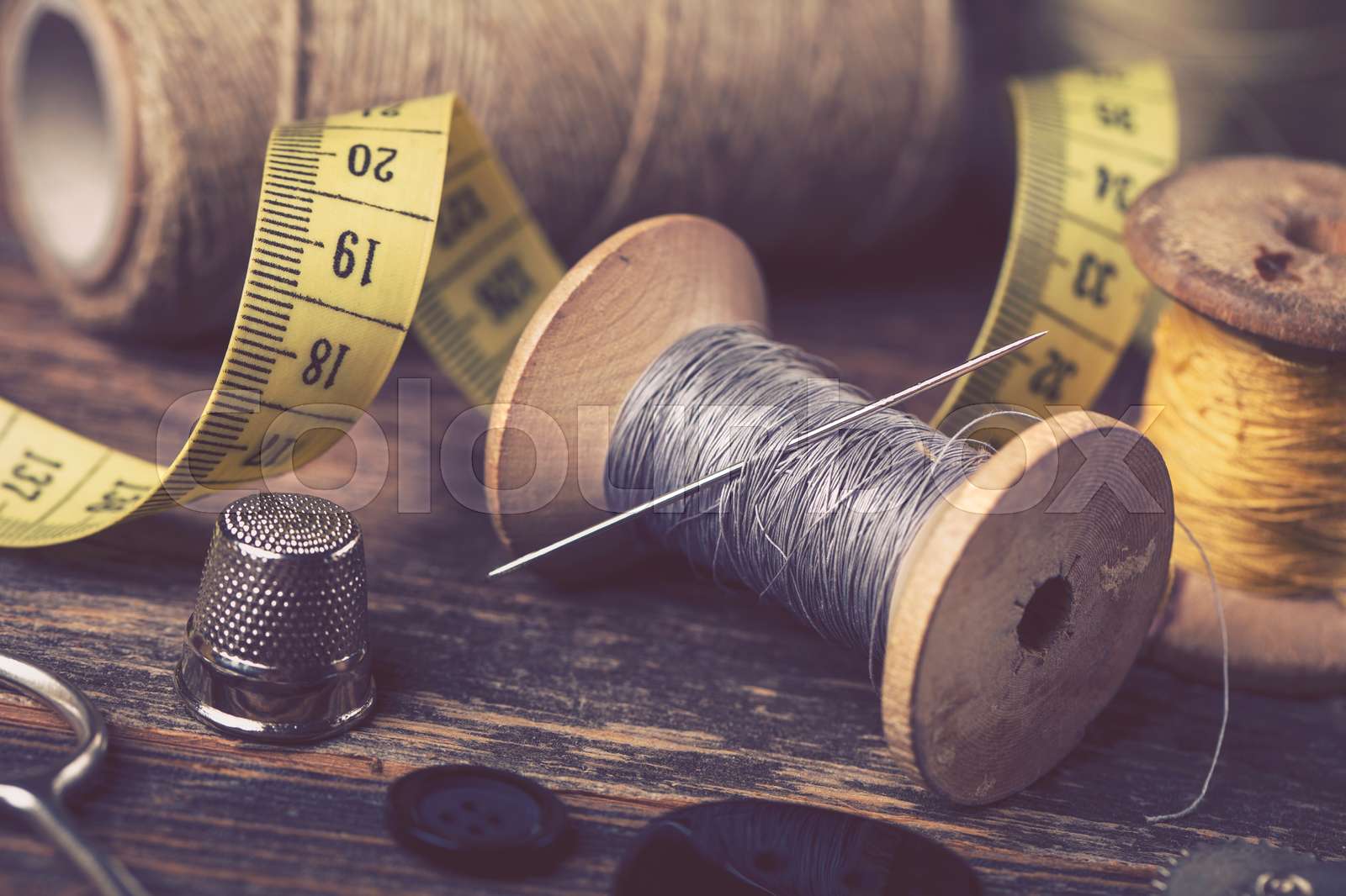 Sewing instruments, threads, needles in vintaae style | Stock image ...