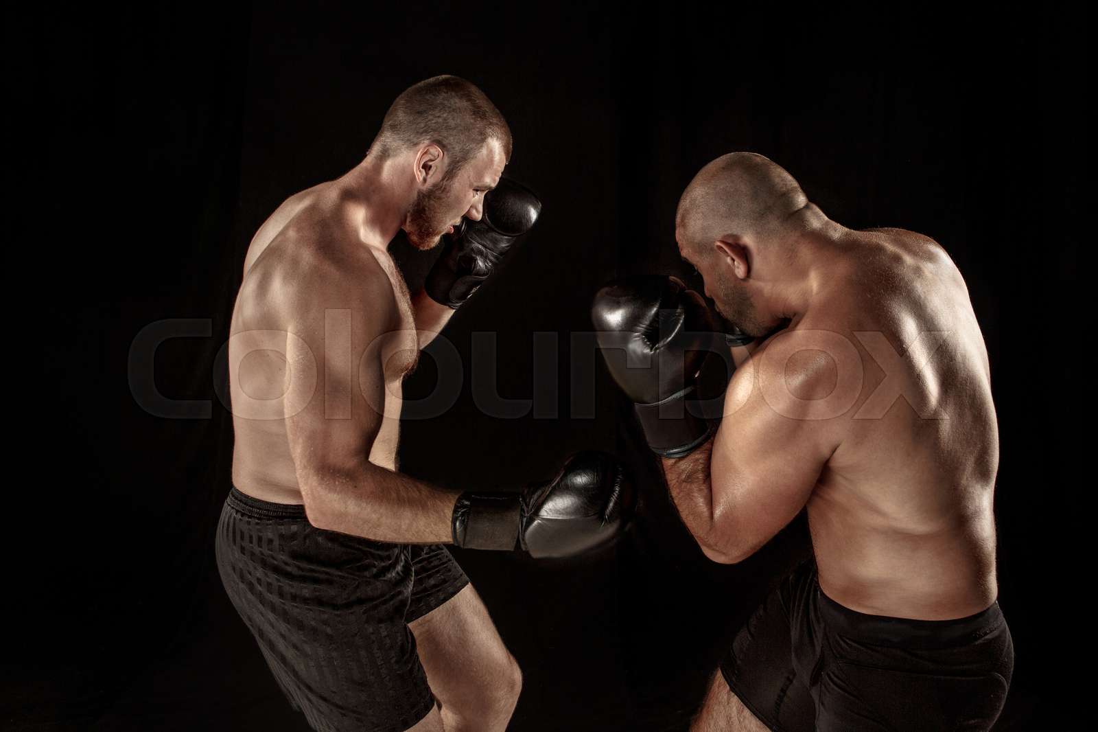 Two muscular men fighting, bodybuilders punching each other, training
