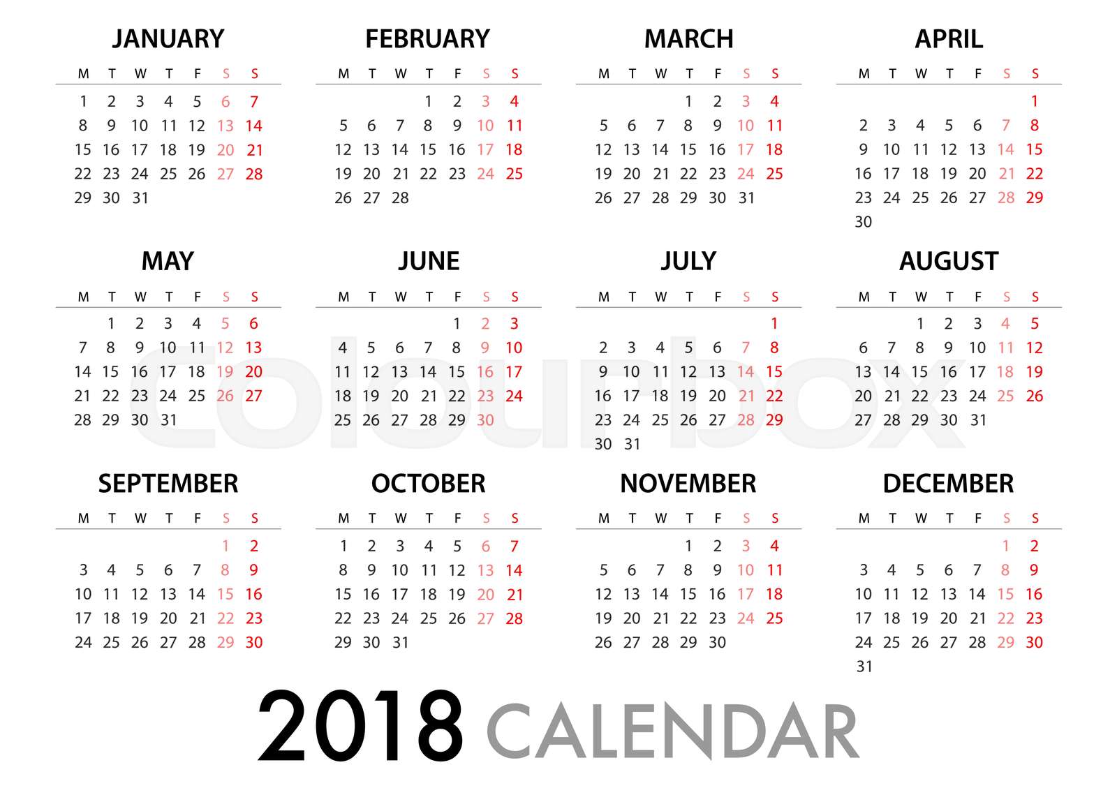 Calendar for 2018 Template design. Week Starts Monday. Vector EPS10 ...