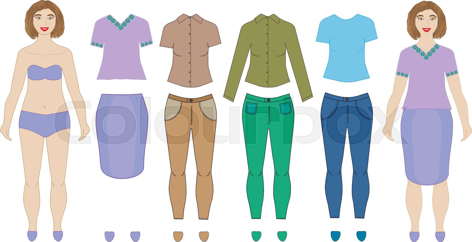 Dolls (woman) and collection of clothes, vector | Stock vector | Colourbox