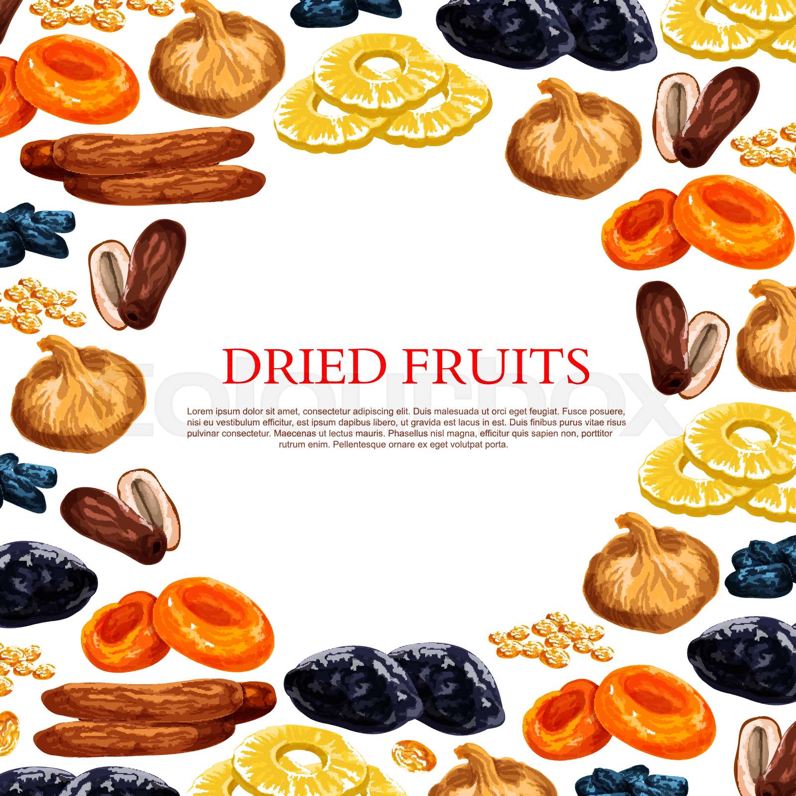 Vector poster of dried fruits and dry fruit snacks Stock vector