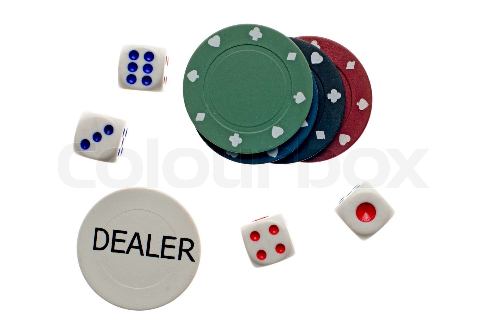 Top view of Poker-Chips und Würfel auf weißem Hintergrund | Stock Bild ...