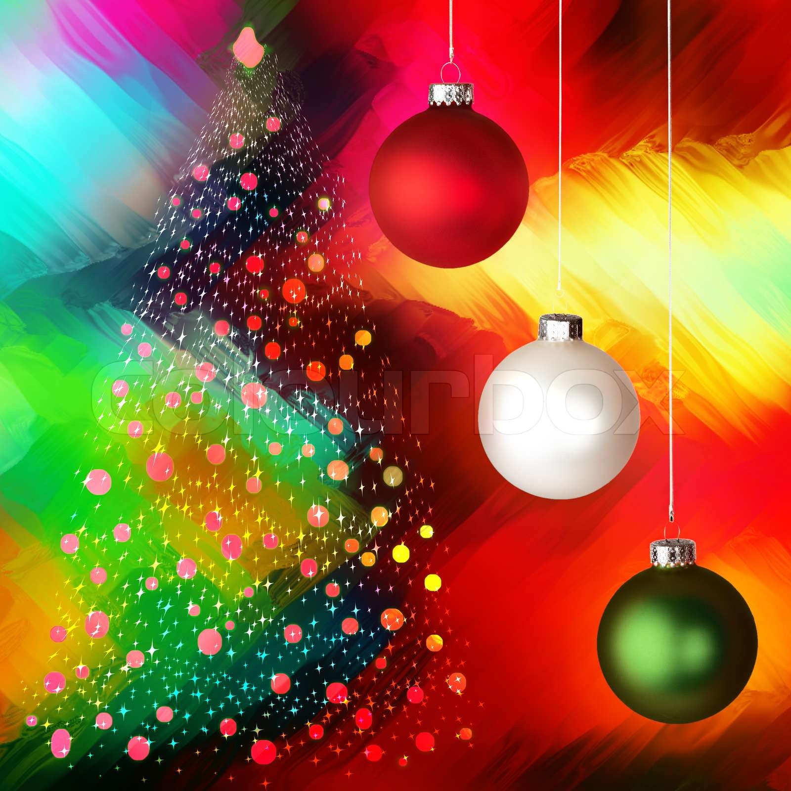 White, Red and Green Christmas Ornaments Glowing Over Vivid