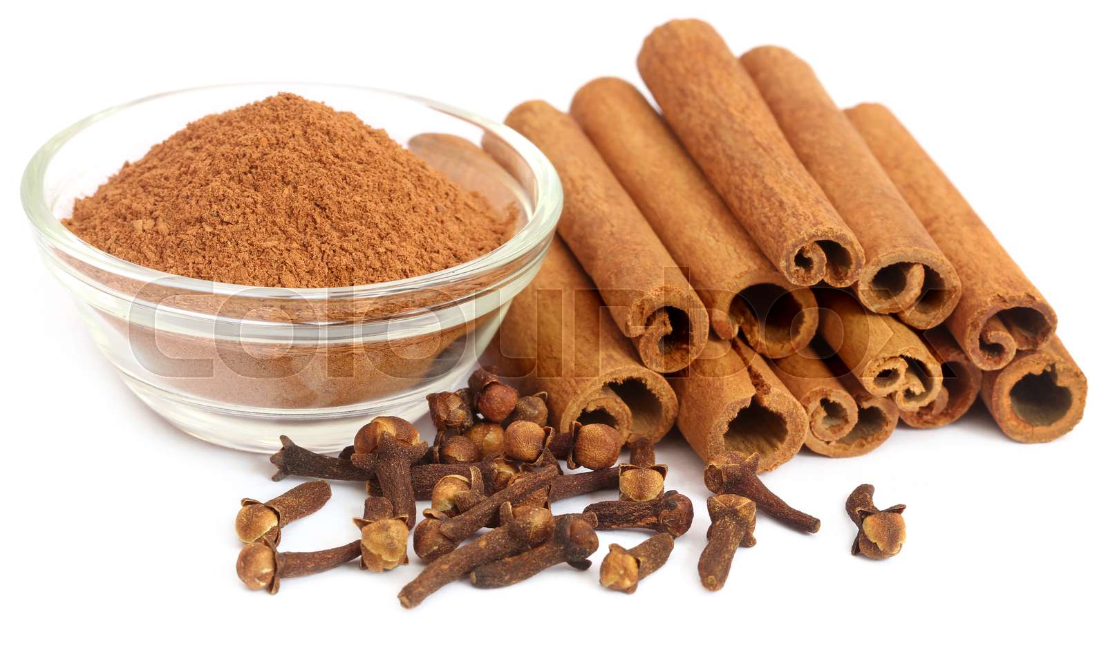 Some aromatic cinnamon with cloves and ground spice Stock image