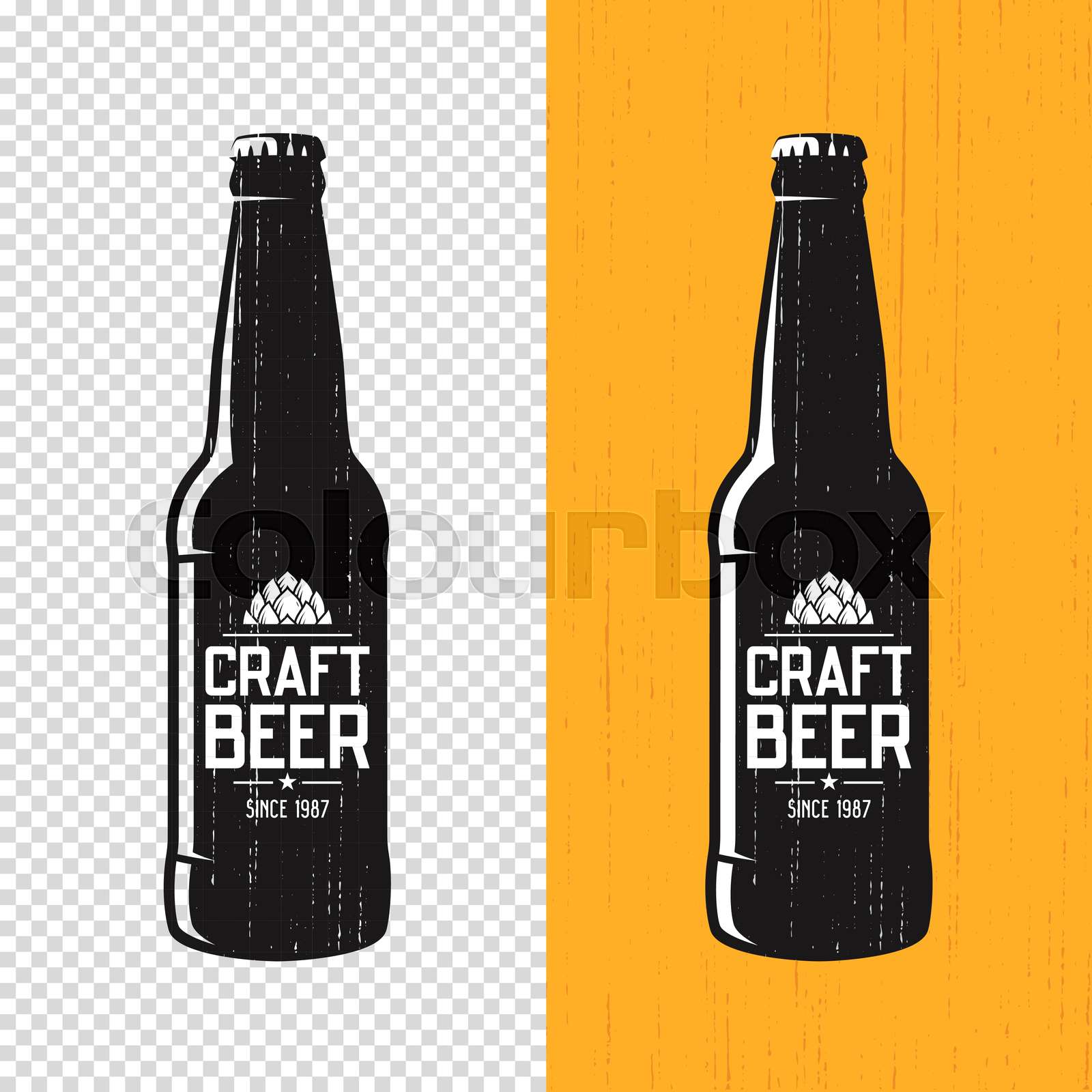 Textured craft beer bottle label design. Vector logo, emblem, ty