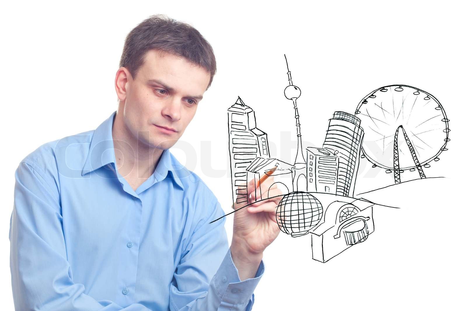 Forretningsmand tegne et fremtidens by på hvid baggrund | Stock foto ...