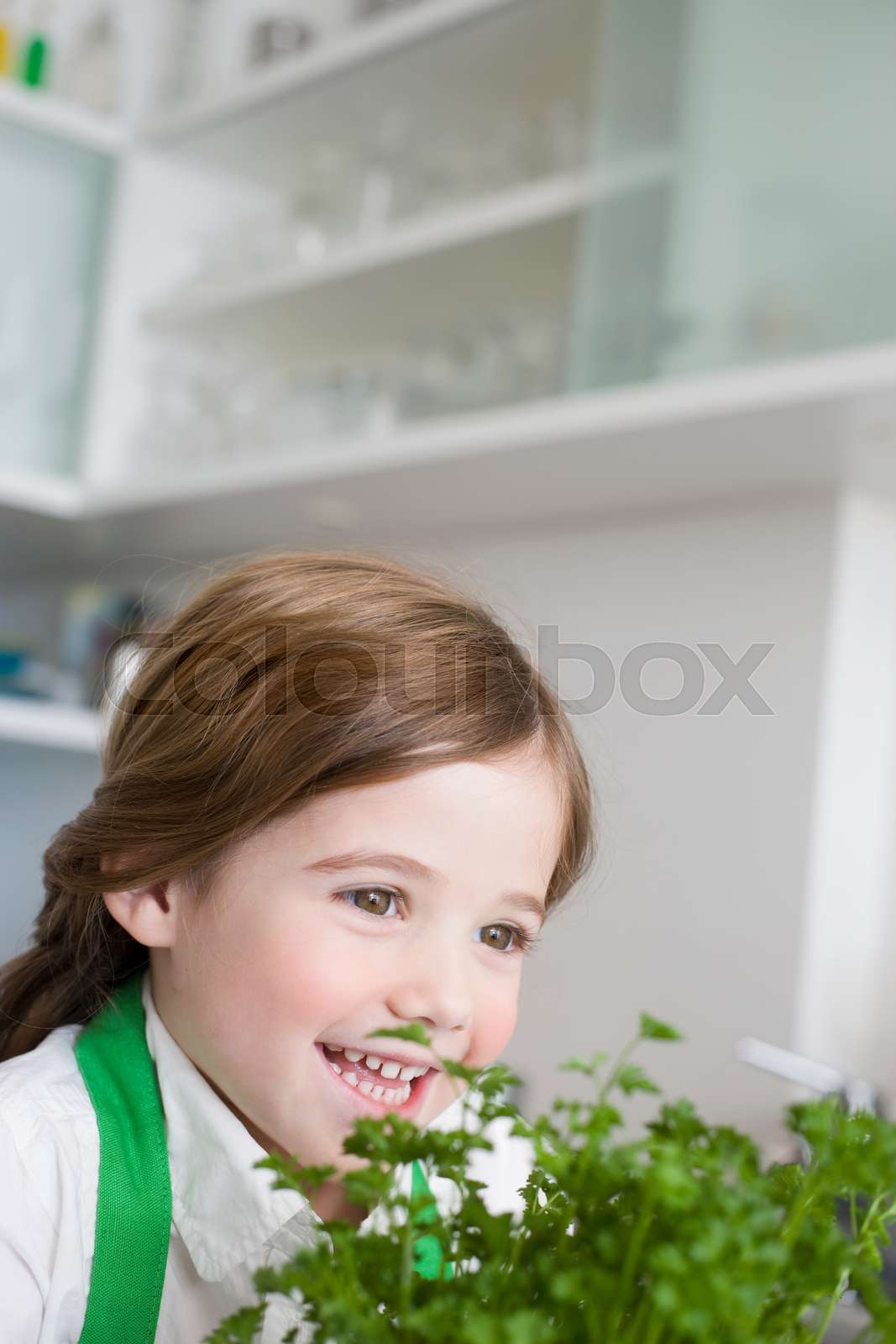 Girl smelling parsley Stock image Colourbox