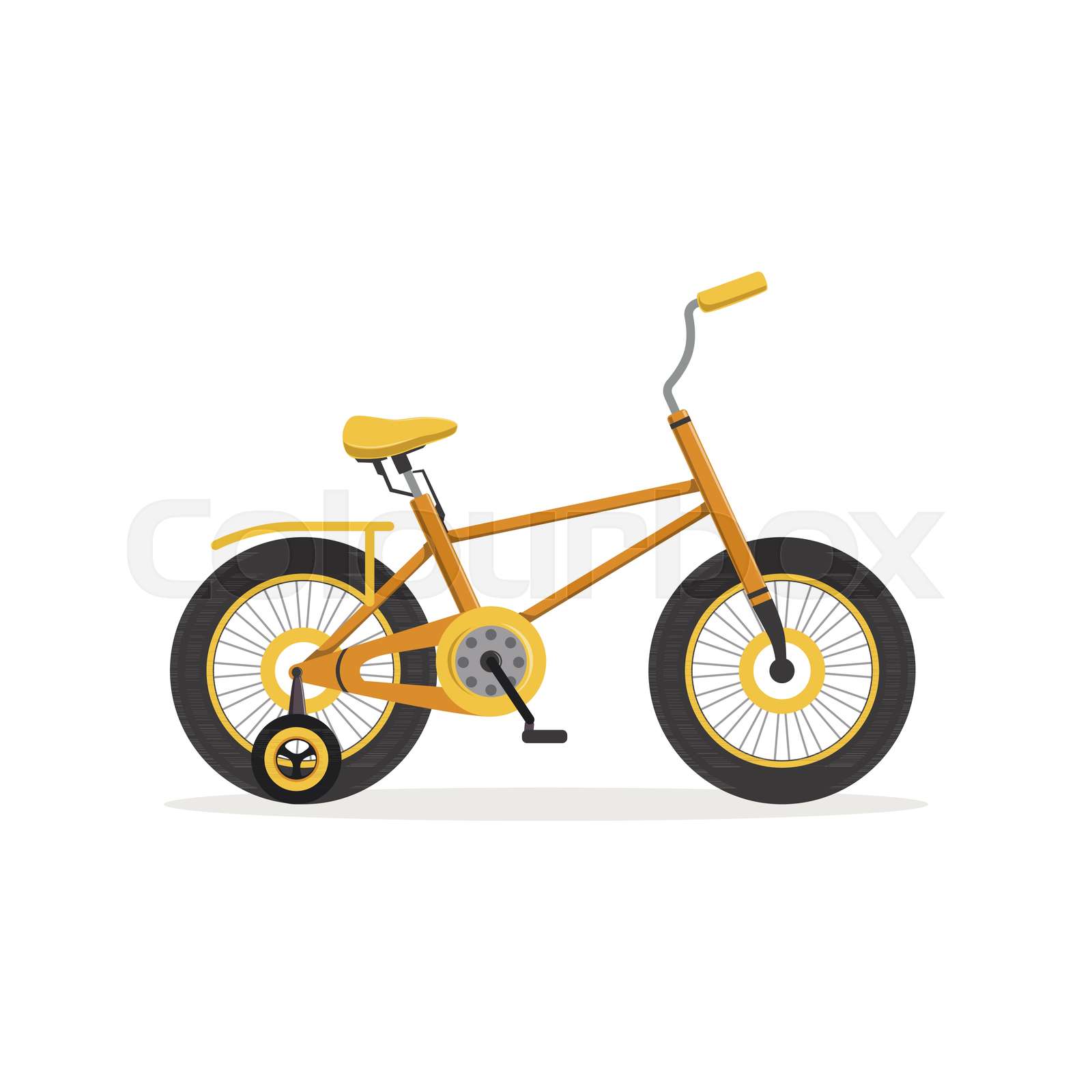 Yellow bike with training wheels, kids bicycle vector Illustration