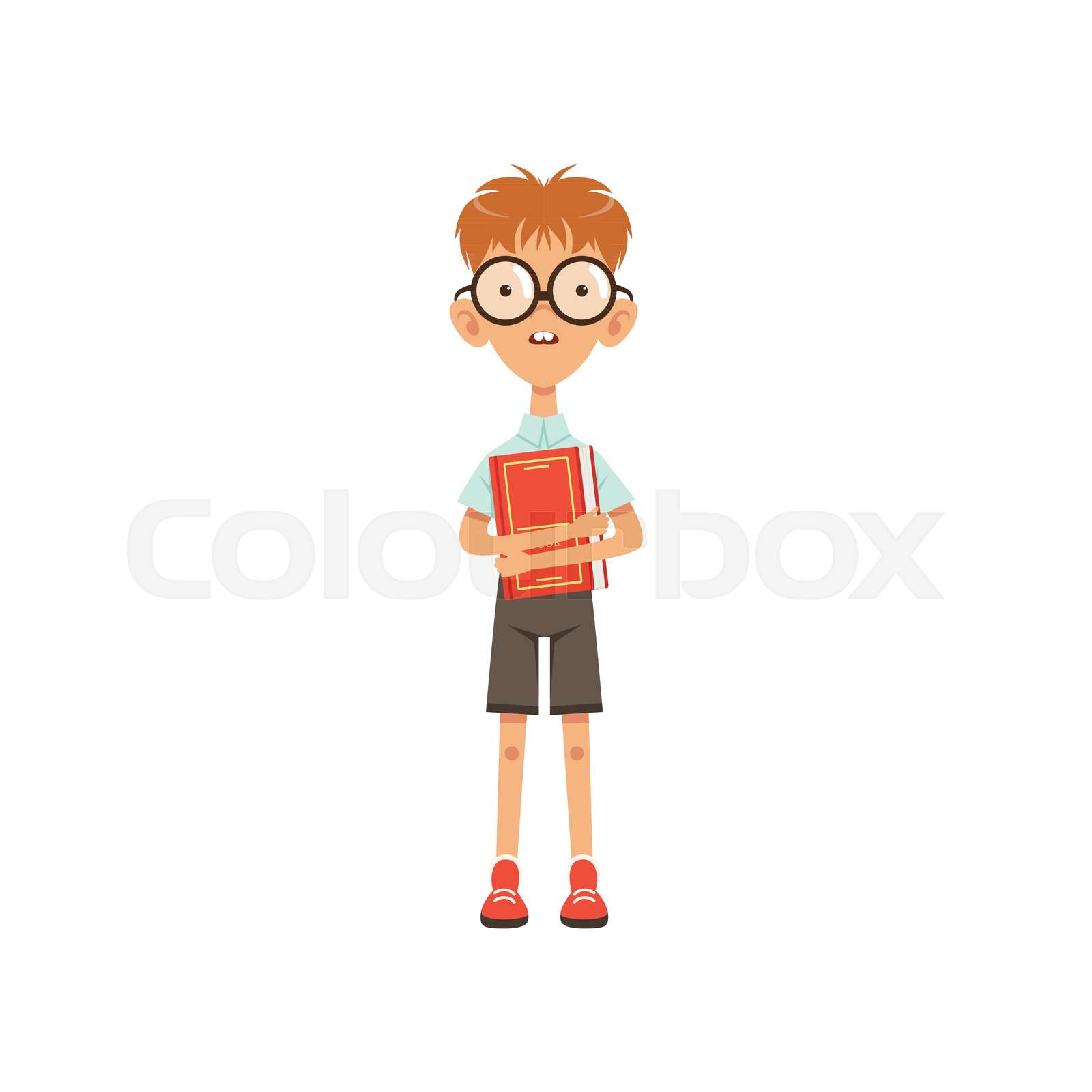 Cartoon nerd schoolboy standing with book in hand. Education concept