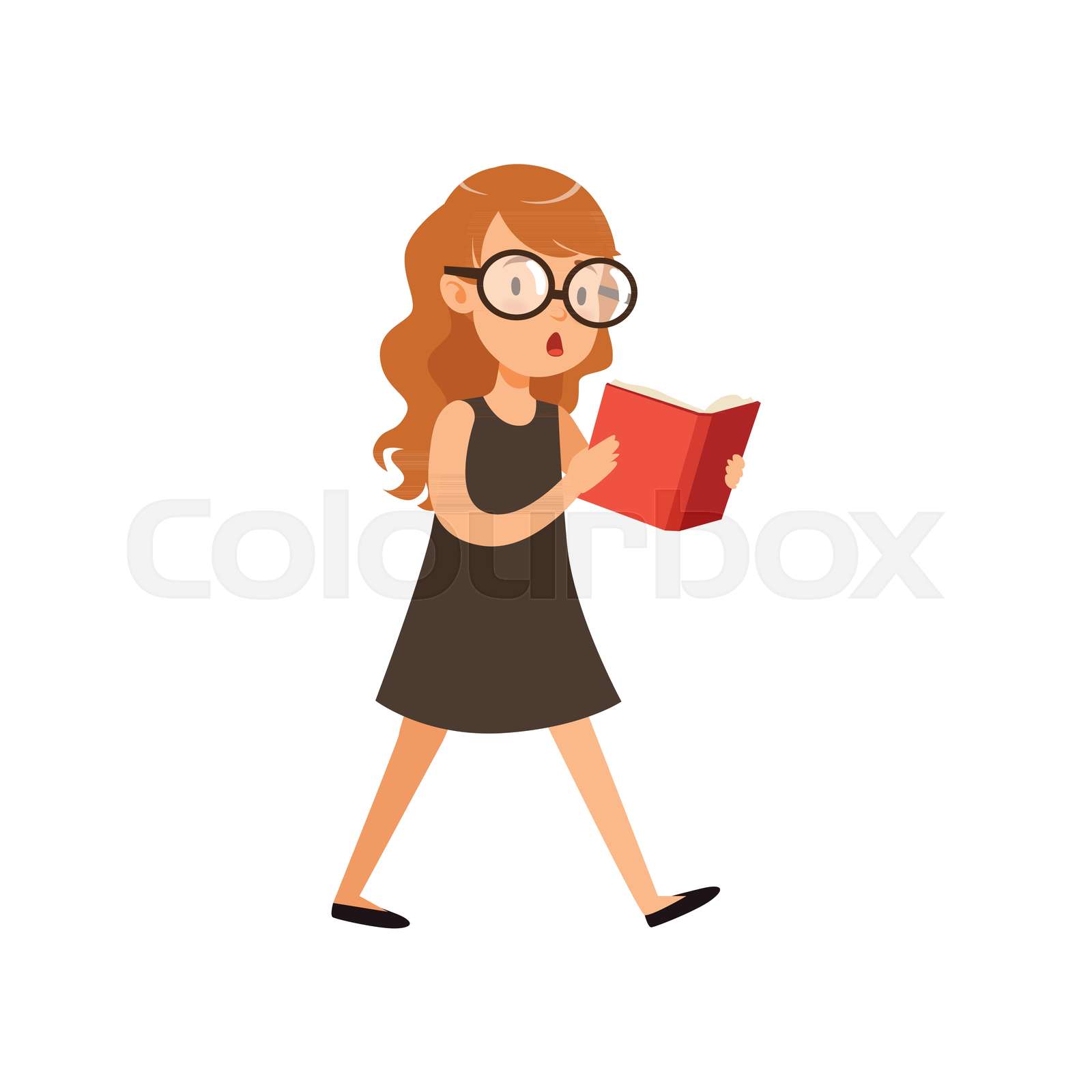 Cute nerd girl walking and reading book. Pupil with interested face ...