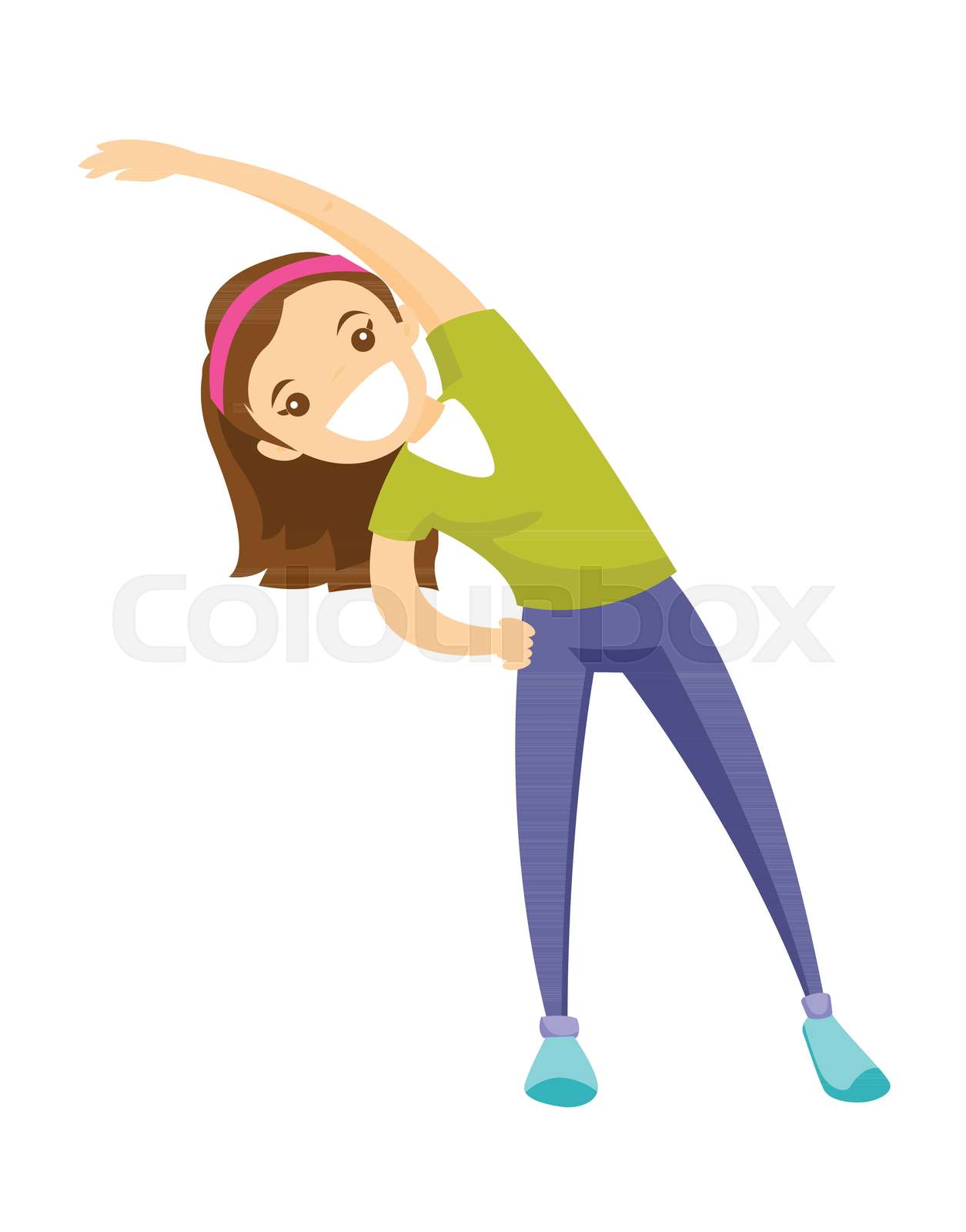 Caucasian girl doing stretching warm up exercise. | Stock vector