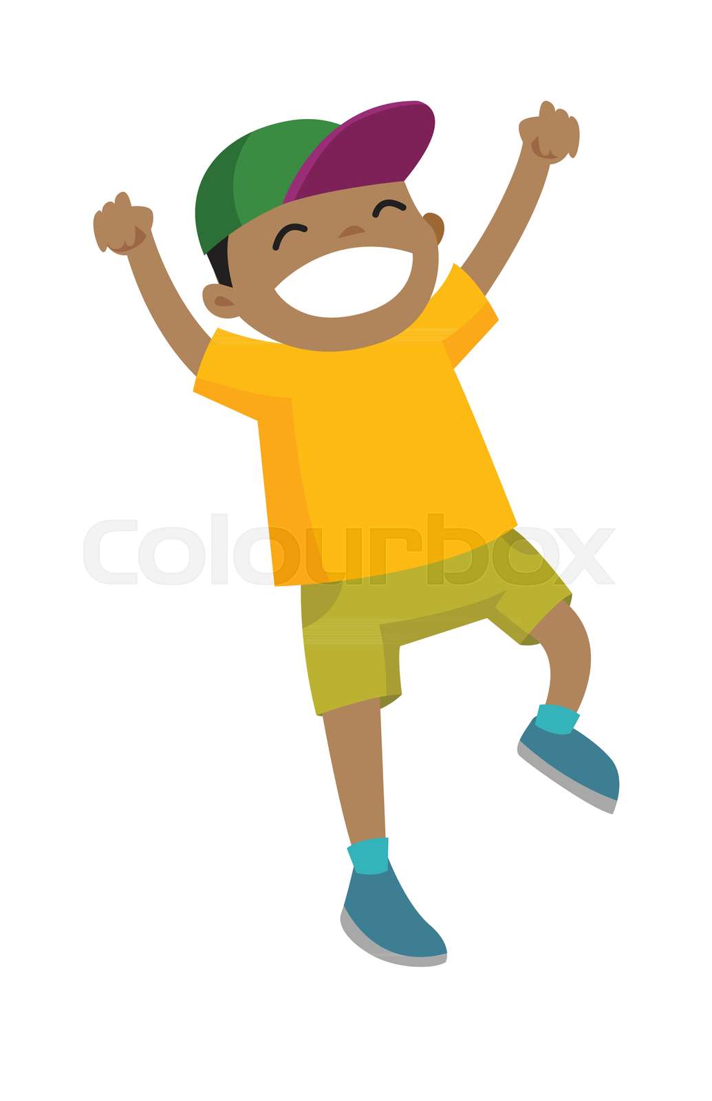 Africanamerican boy jumping with raised hands up. Stock vector