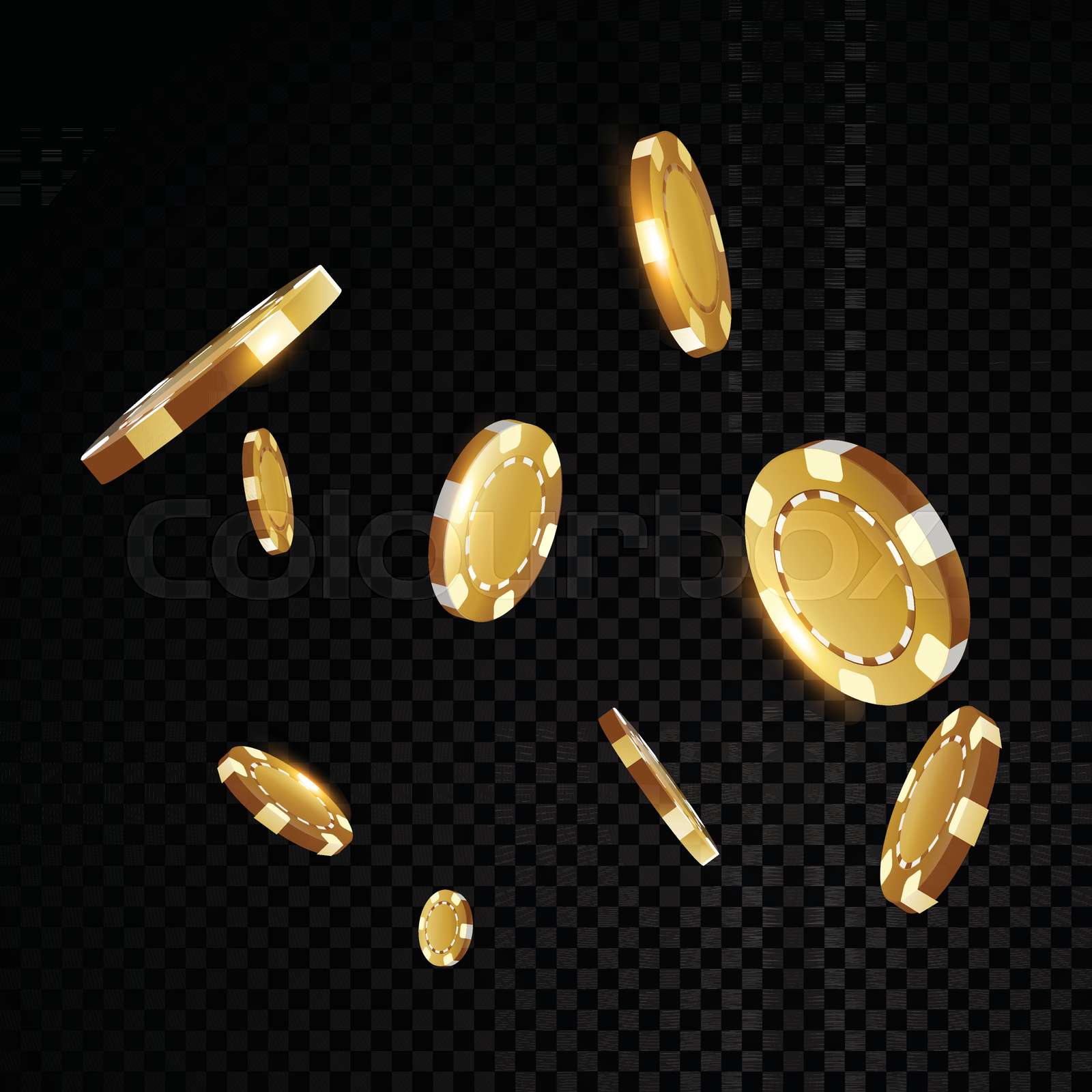 Gold casino poker chips flying in front of black background Stock