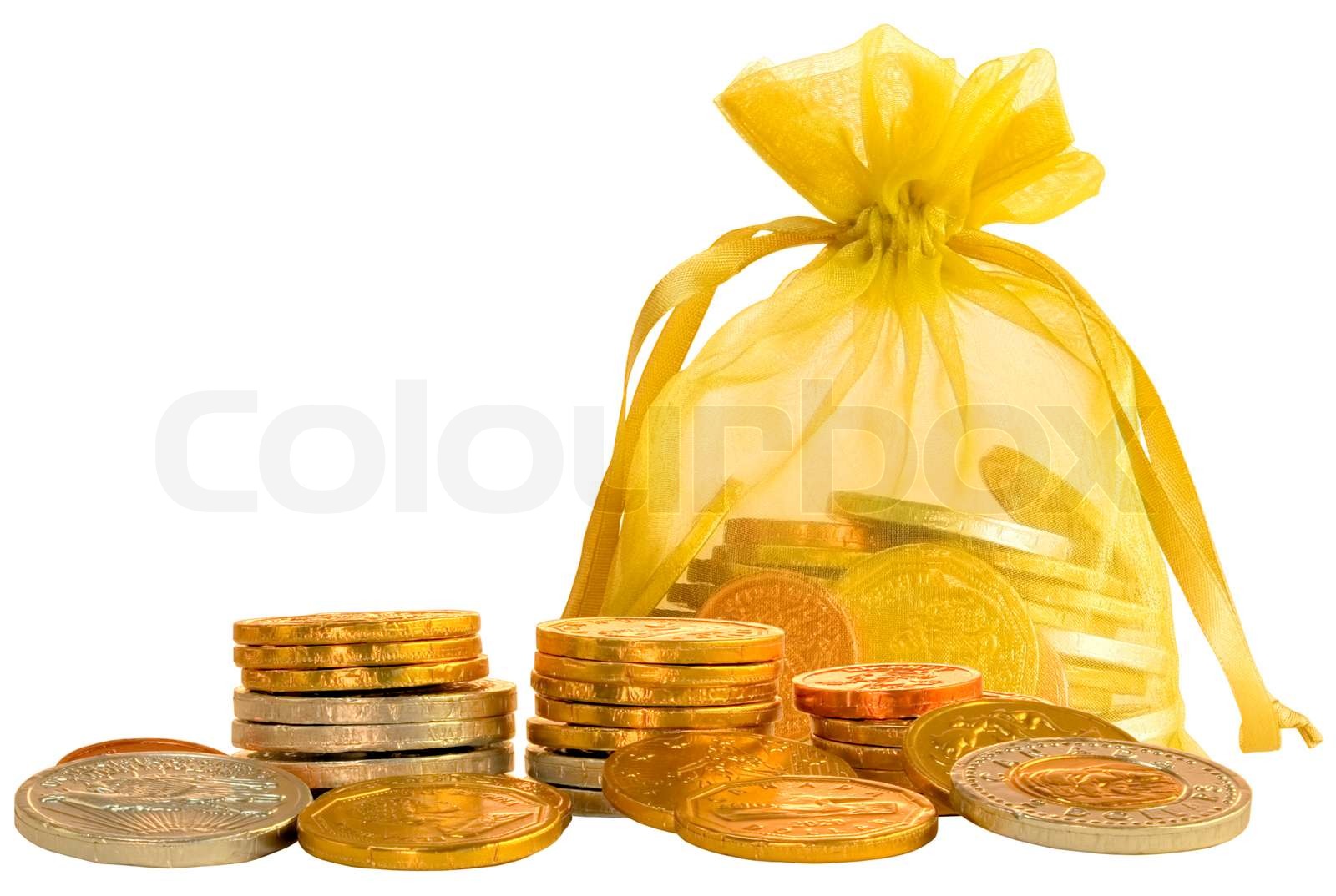 Coin Bag & Stakke af Guld & Sølv Chokolade Mønter | Stock foto | Colourbox