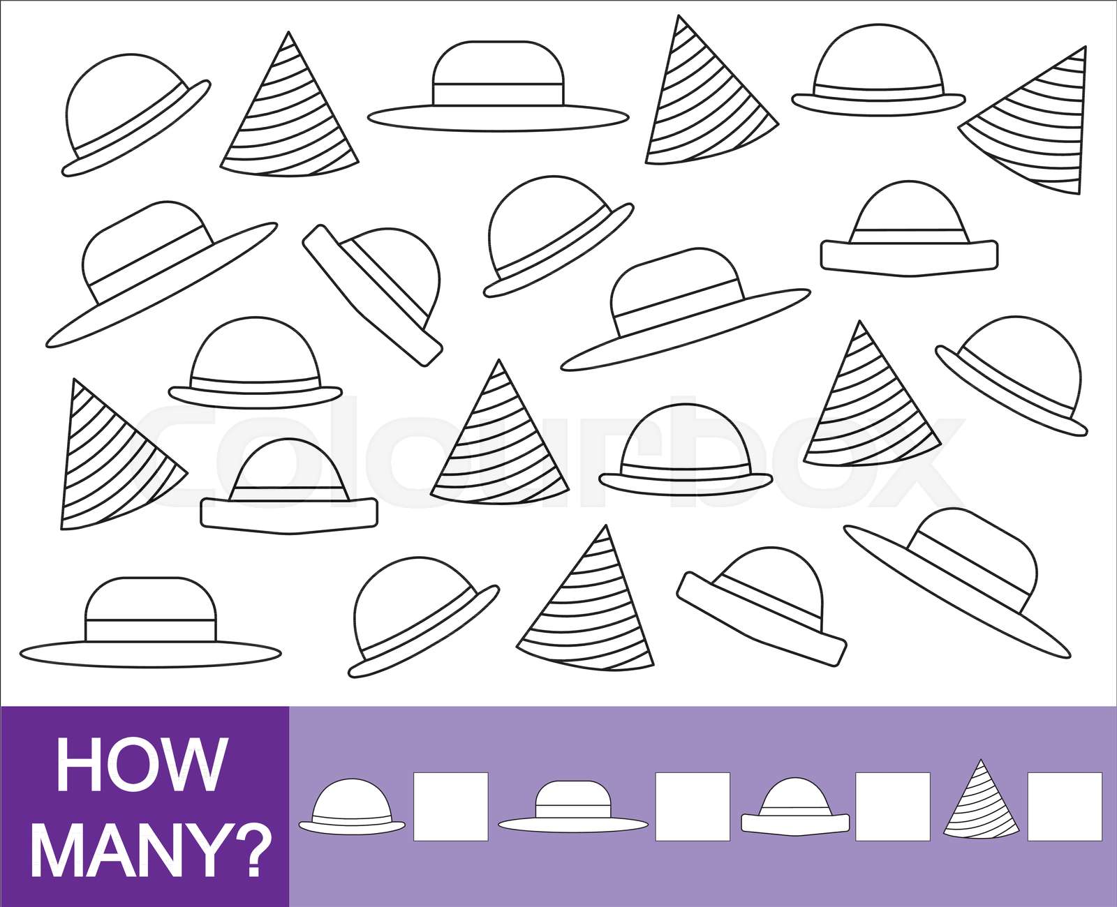 Count how many hats and paint hats. Mathematical game for children