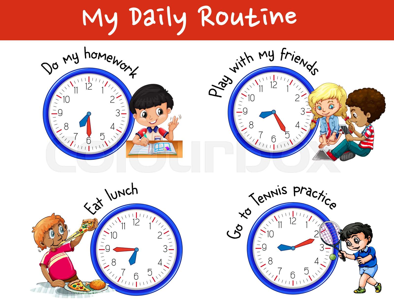 Daily routine of many children with clocks Stock vector Colourbox