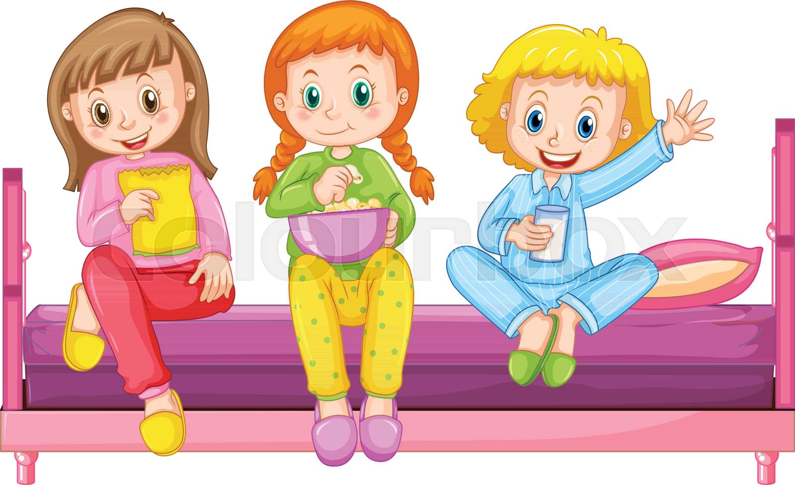 Three Girls Pajamas Sitting On Bed Stock Vector Colourbox