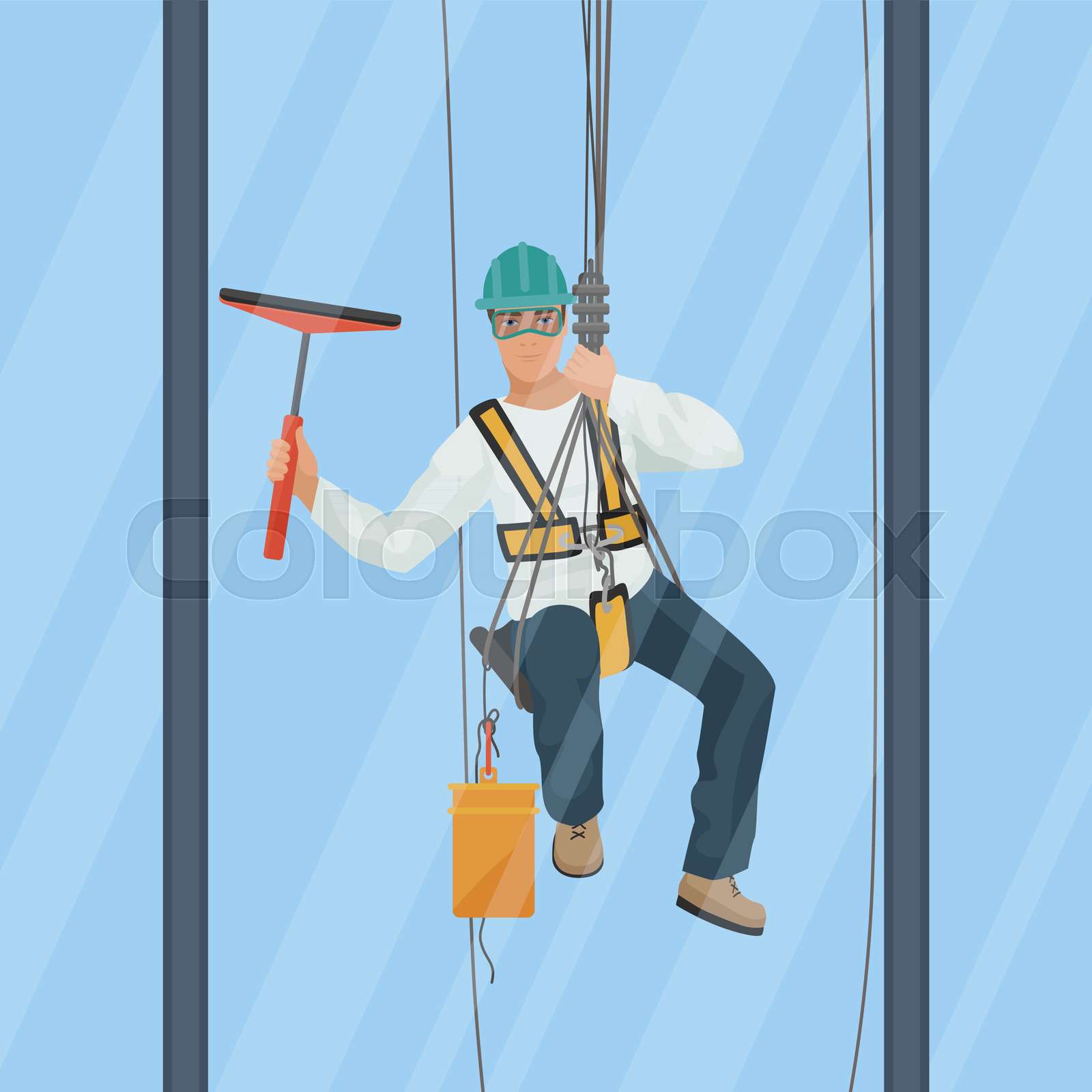 Washer wash the windows of modern skyscraper. Vector Profesional worker
