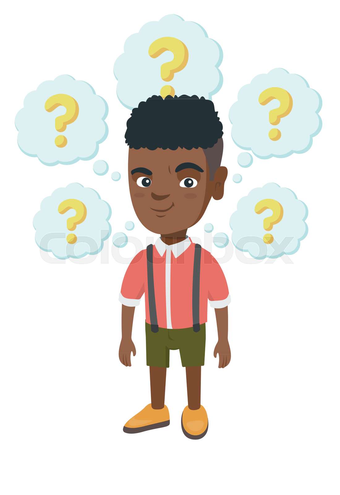 Thinking africanamerican boy with question marks. Stock vector