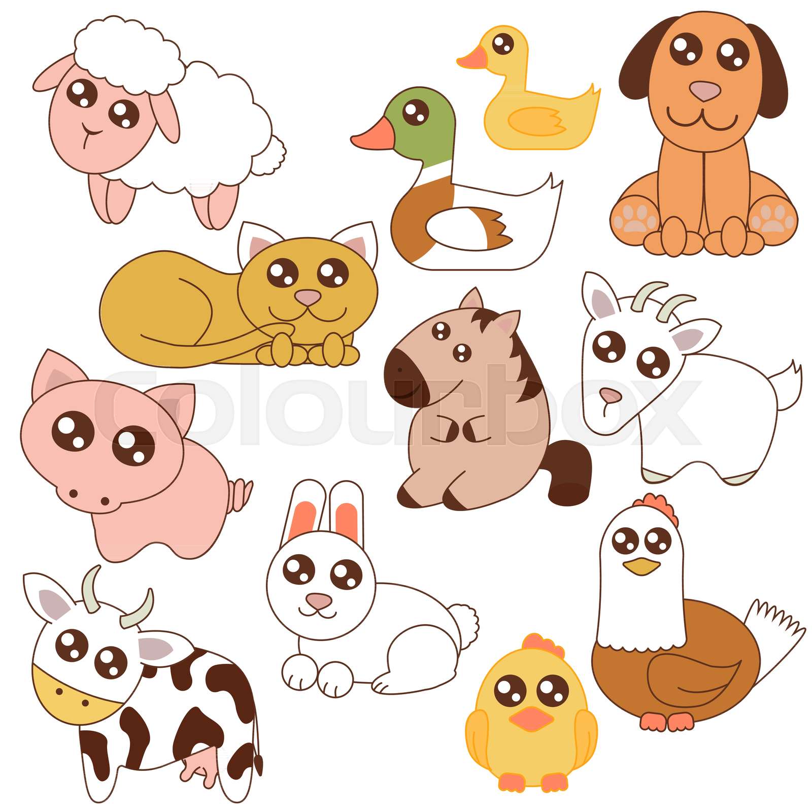 Vector illustration of cute farm animals set in cartoon flat style
