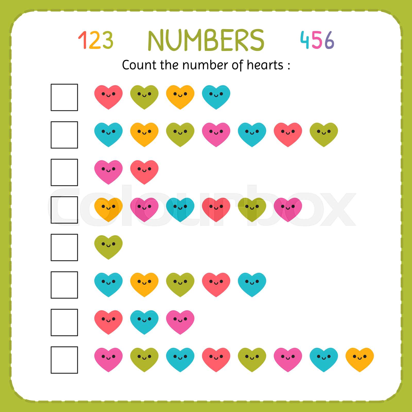 Count the number of hearts worksheet for kindergarten and preschool