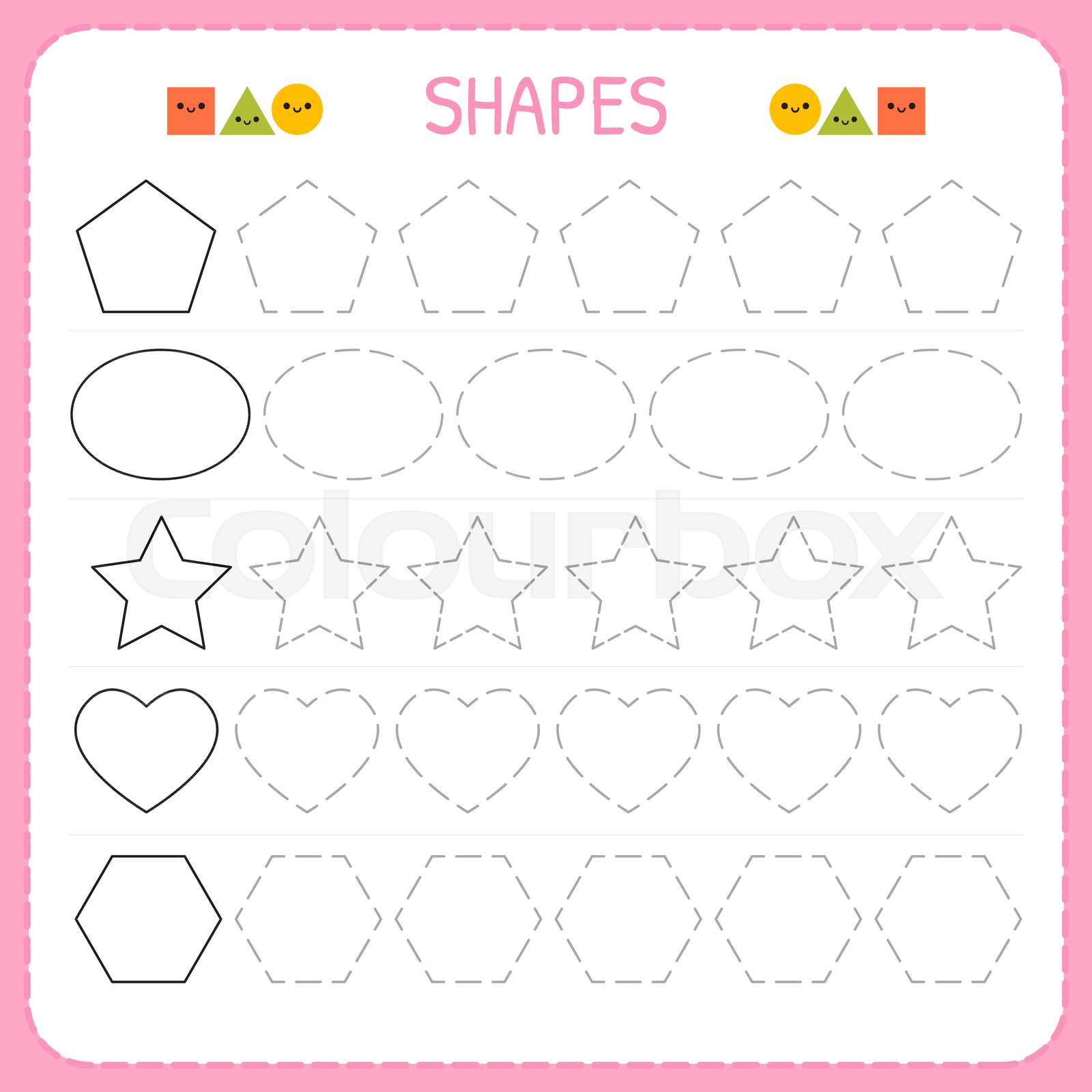 learn shapes and geometric figures preschool or kindergarten worksheet for practicing motor skills tracing dashed lines for kids stock vector colourbox