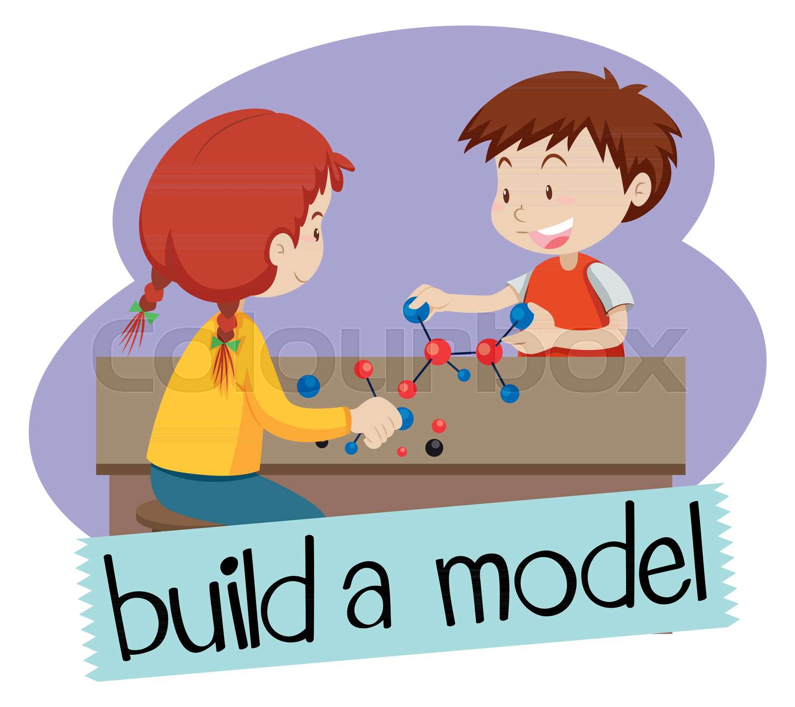 Wordcard for build a model with two students building models Stock vector Colourbox