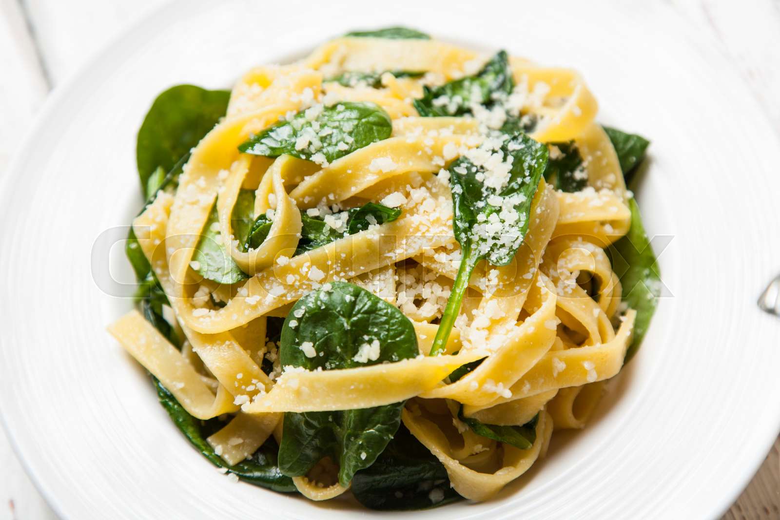 Spinach tagliatelle pasta Stock image Colourbox