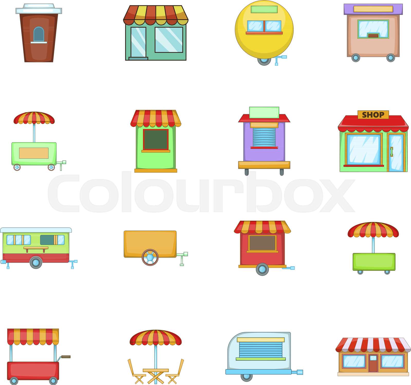 Street market icon set, cartoon style | Stock vector | Colourbox