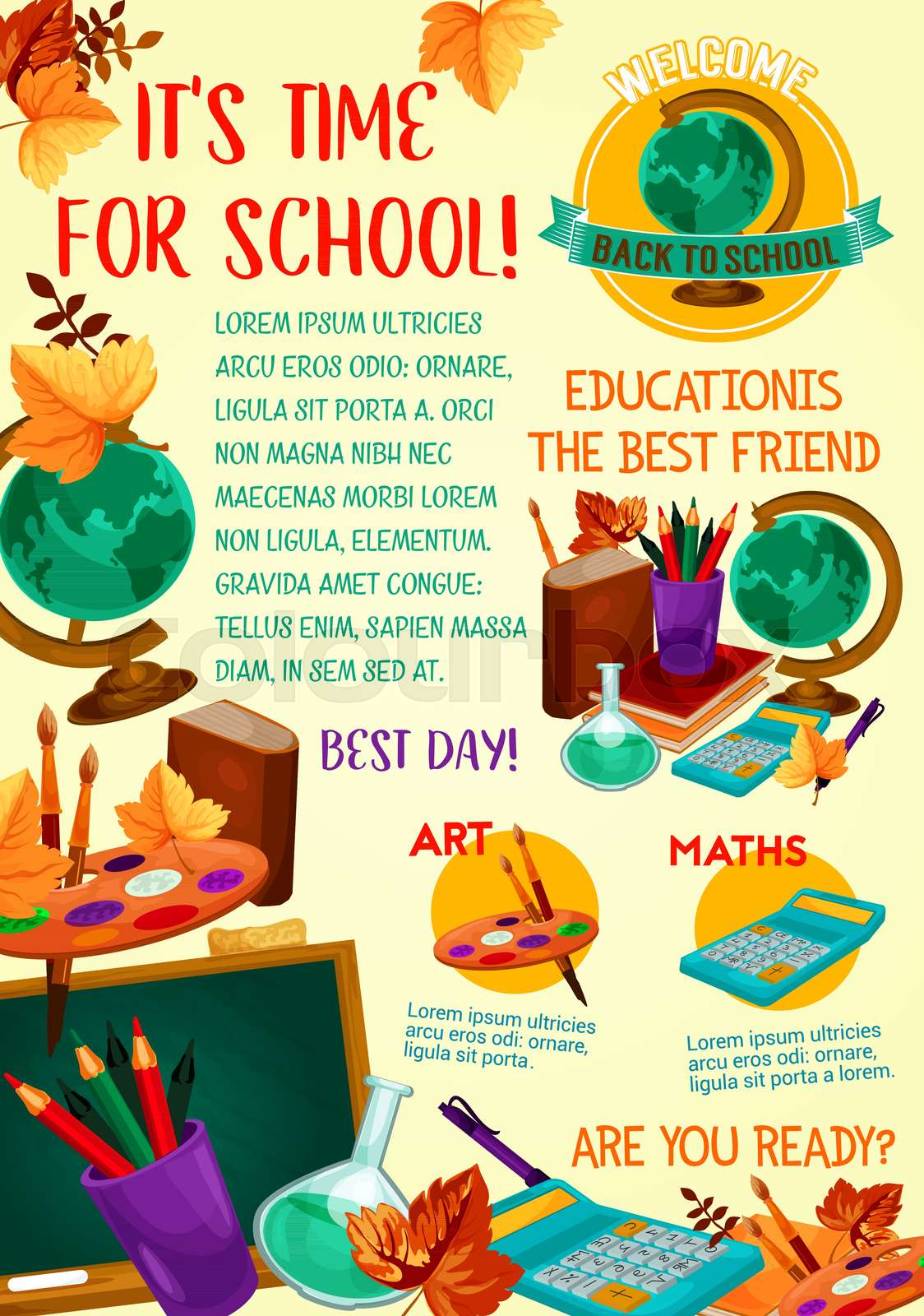 Back to school poster with education supplies Stock vector Colourbox