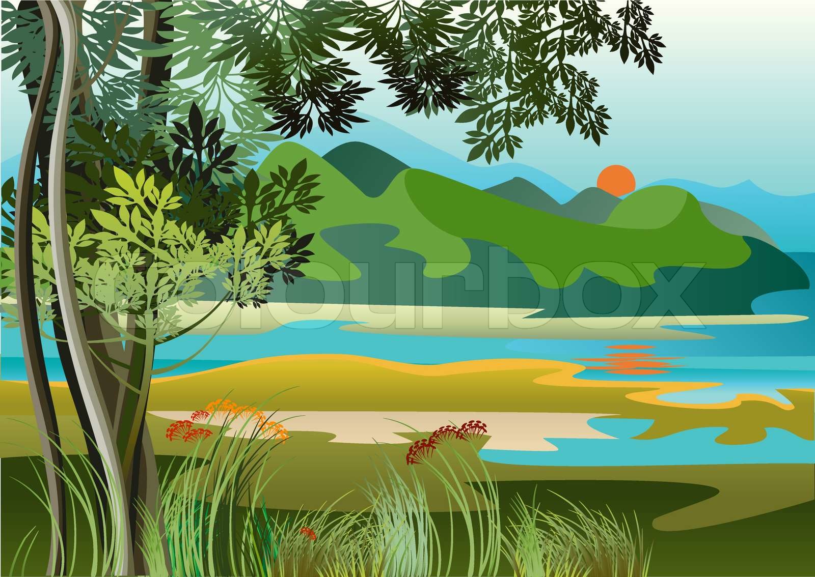 Landscape with river and high hills of the jungle | Stock vector