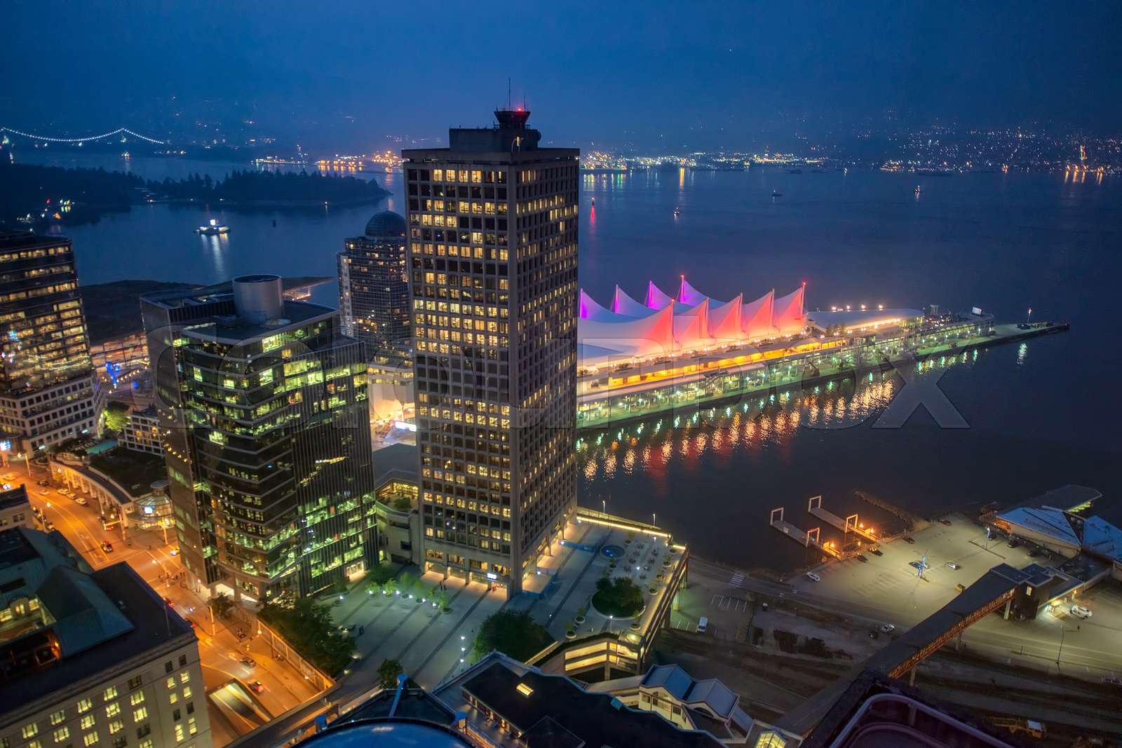 Vancouver skyline with Canada Place at night, aerial view | Stock image ...