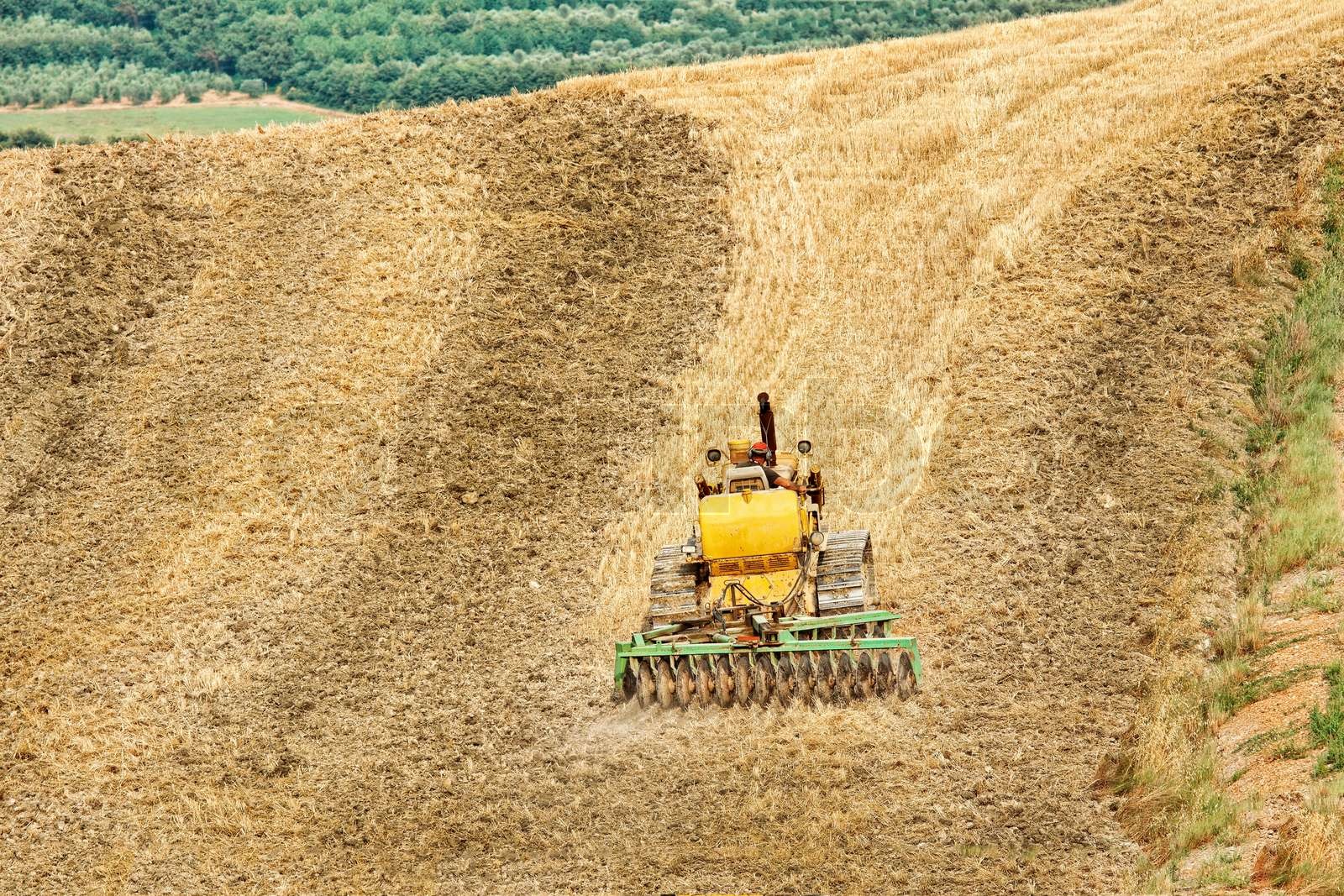 Kleine Landwirtschaft mit Traktor und Pflug im Feld | Stock Bild