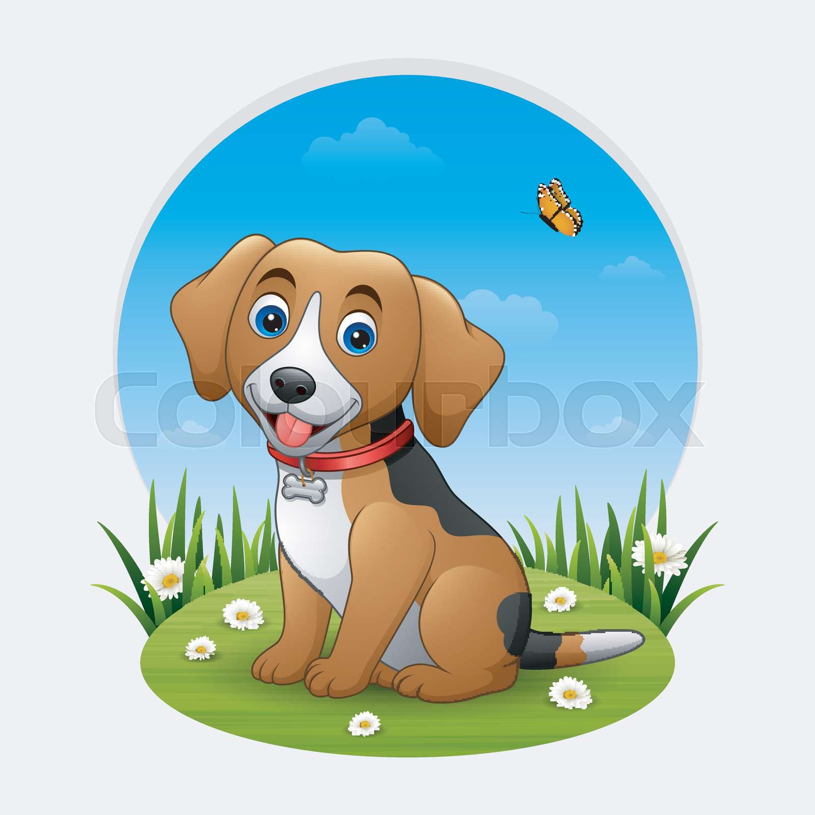 Cartoon dog in the grass background | Stock vector | Colourbox