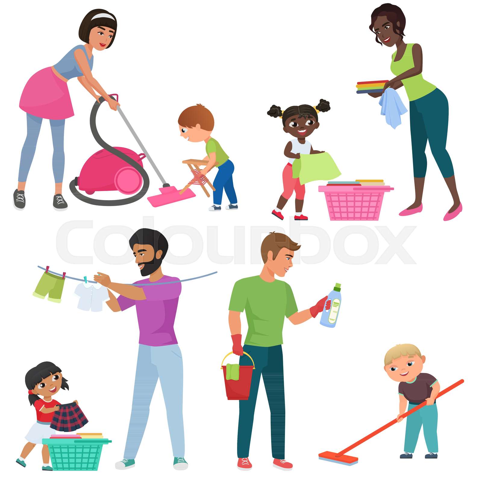 Adults and kids cleaning together. Children helping their parents with ...